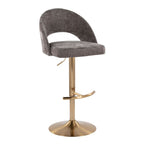 Renee Adjustable Barstool - Set of 2 - Gold Metal, Dark Grey Fabric