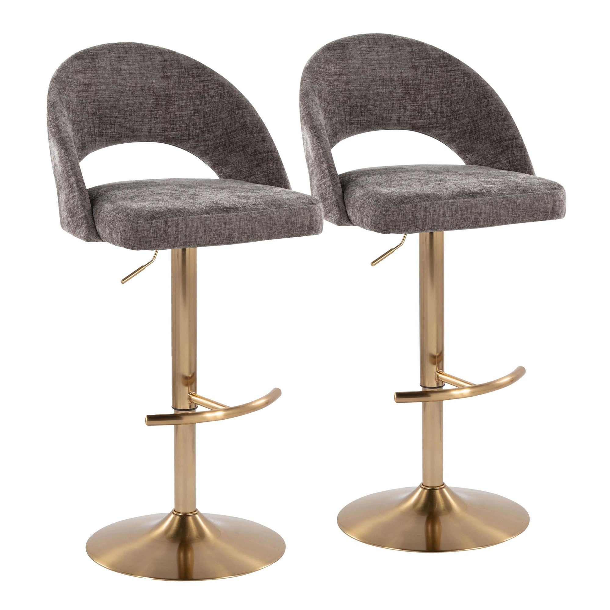 Renee Adjustable Barstool - Set of 2 - Gold Metal, Dark Grey Fabric