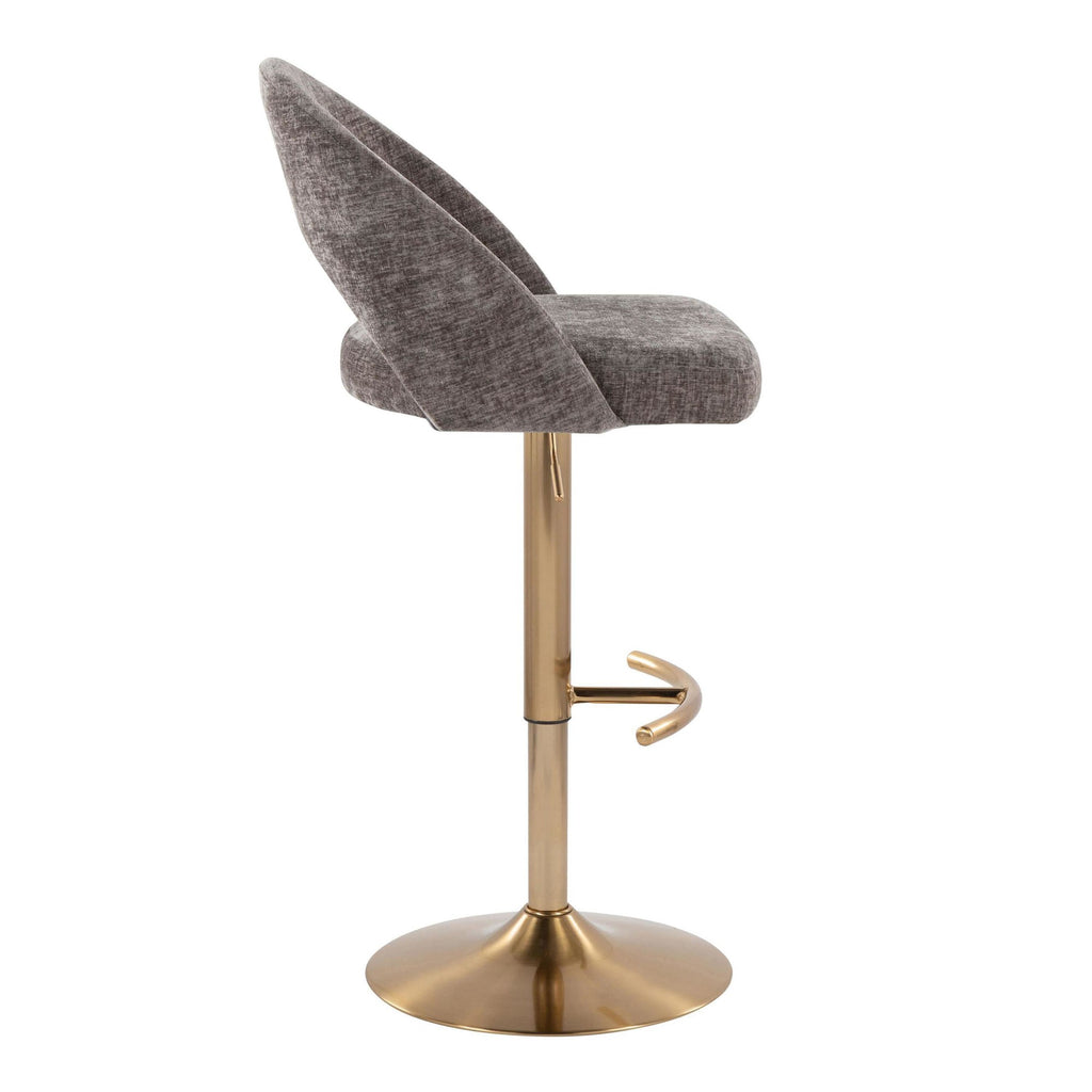 Renee Adjustable Barstool - Set of 2 - Gold Metal, Dark Grey Fabric