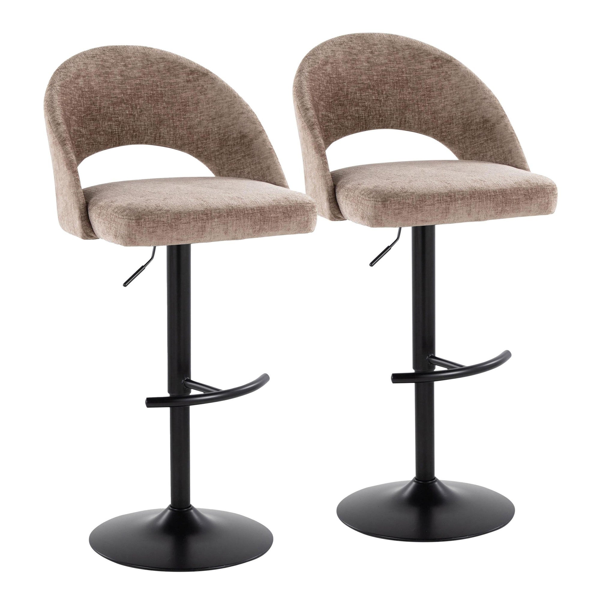 Renee Adjustable Barstool - Set of 2 - Black Metal, Brown Fabric