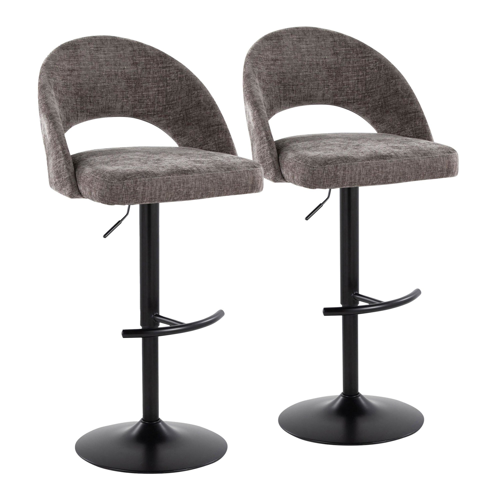 Renee Adjustable Barstool - Set of 2 - Black Metal, Dark Grey Fabric