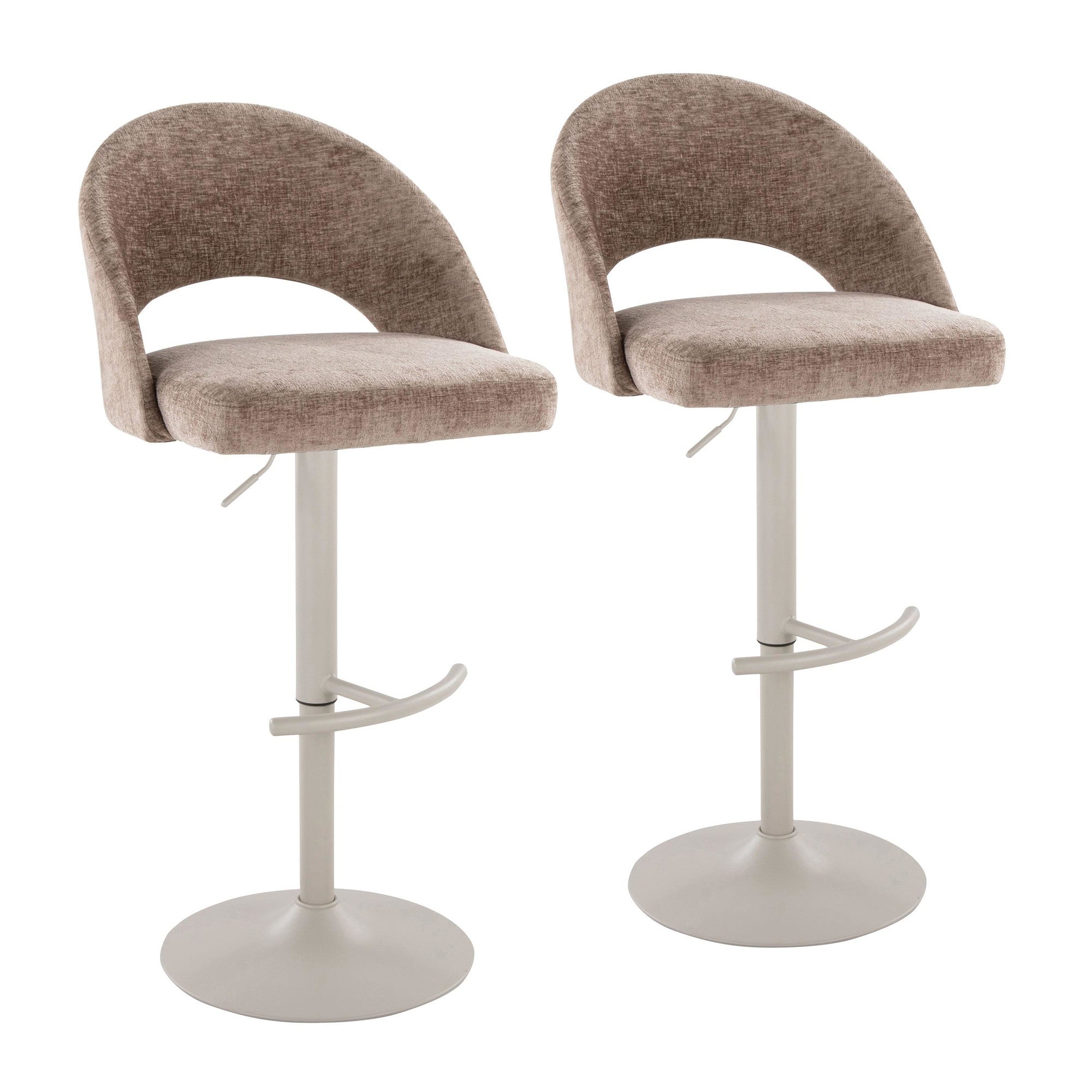 Renee Adjustable Barstool - Set of 2 - Pearl Grey Metal, Brown Fabric