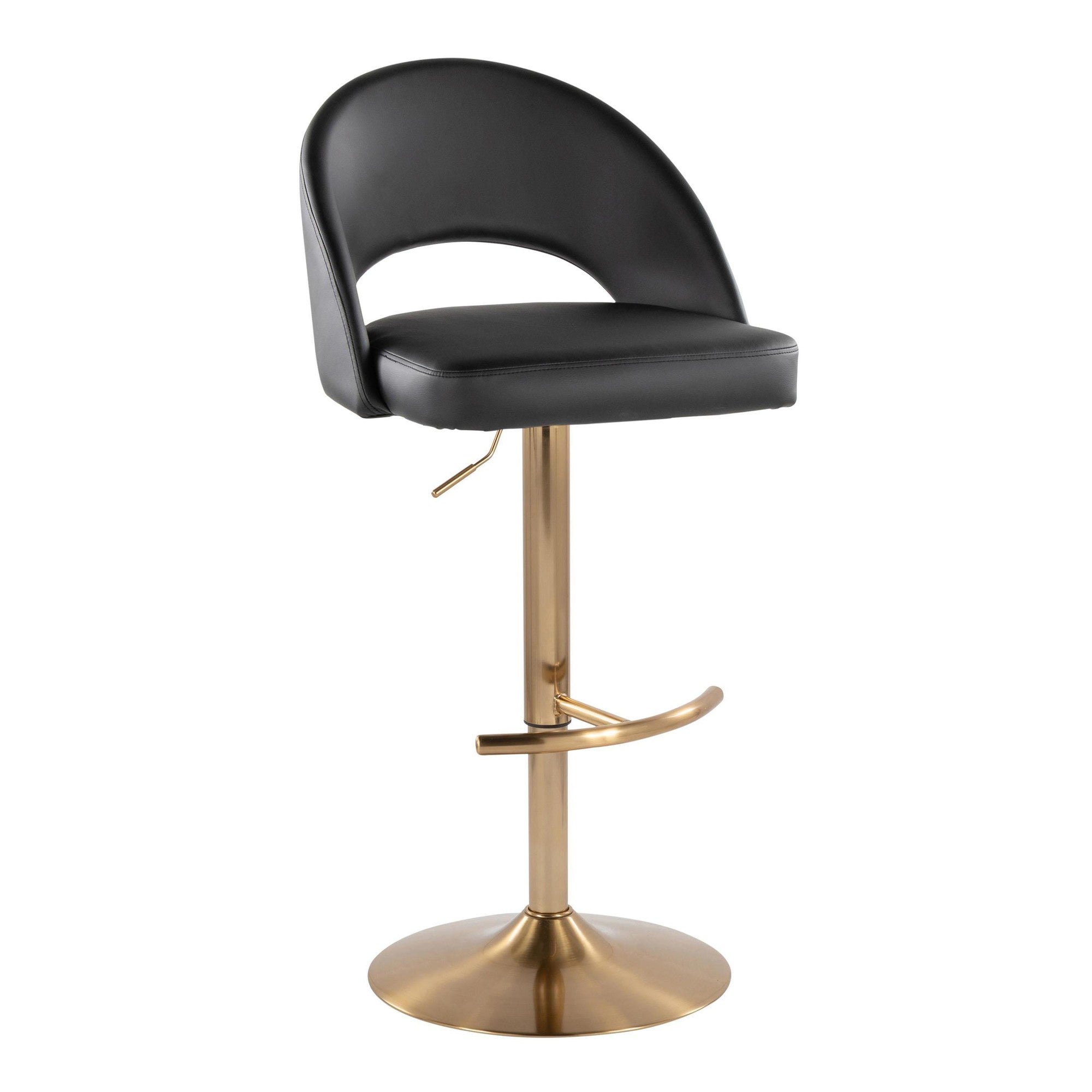 Renee Adjustable Barstool - Set of 2 - Gold Metal, Black PU