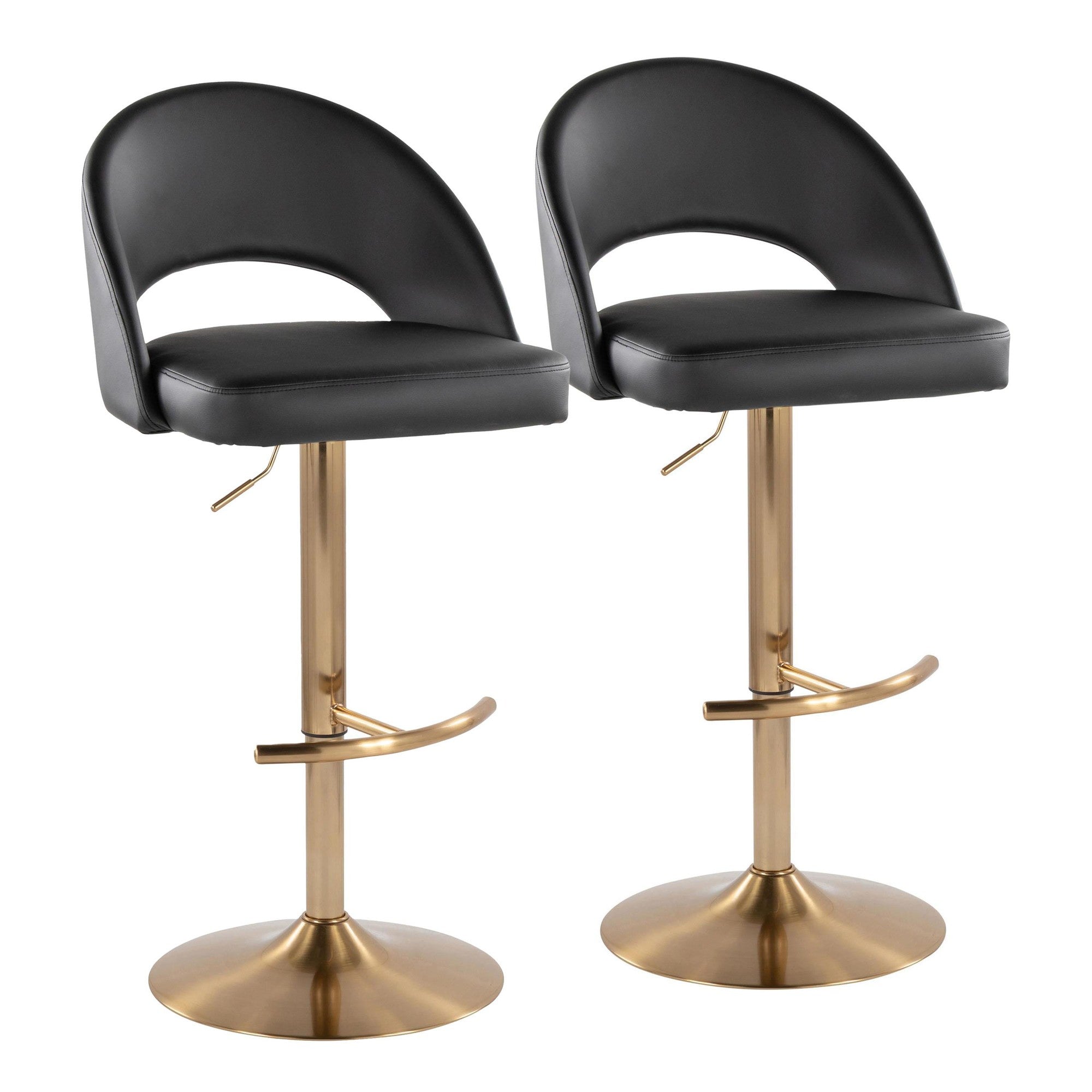 Renee Adjustable Barstool - Set of 2 - Gold Metal, Black PU