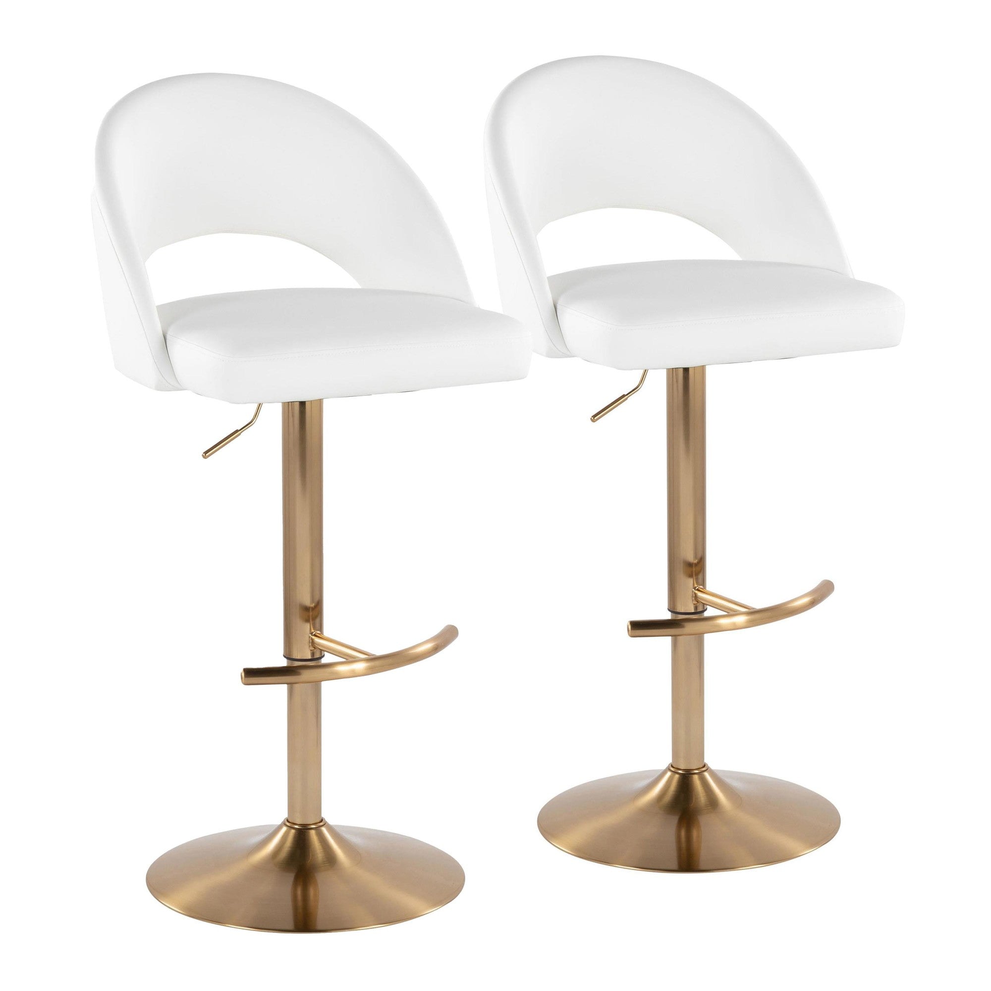 Renee Adjustable Barstool - Set of 2 - Gold Metal, White PU