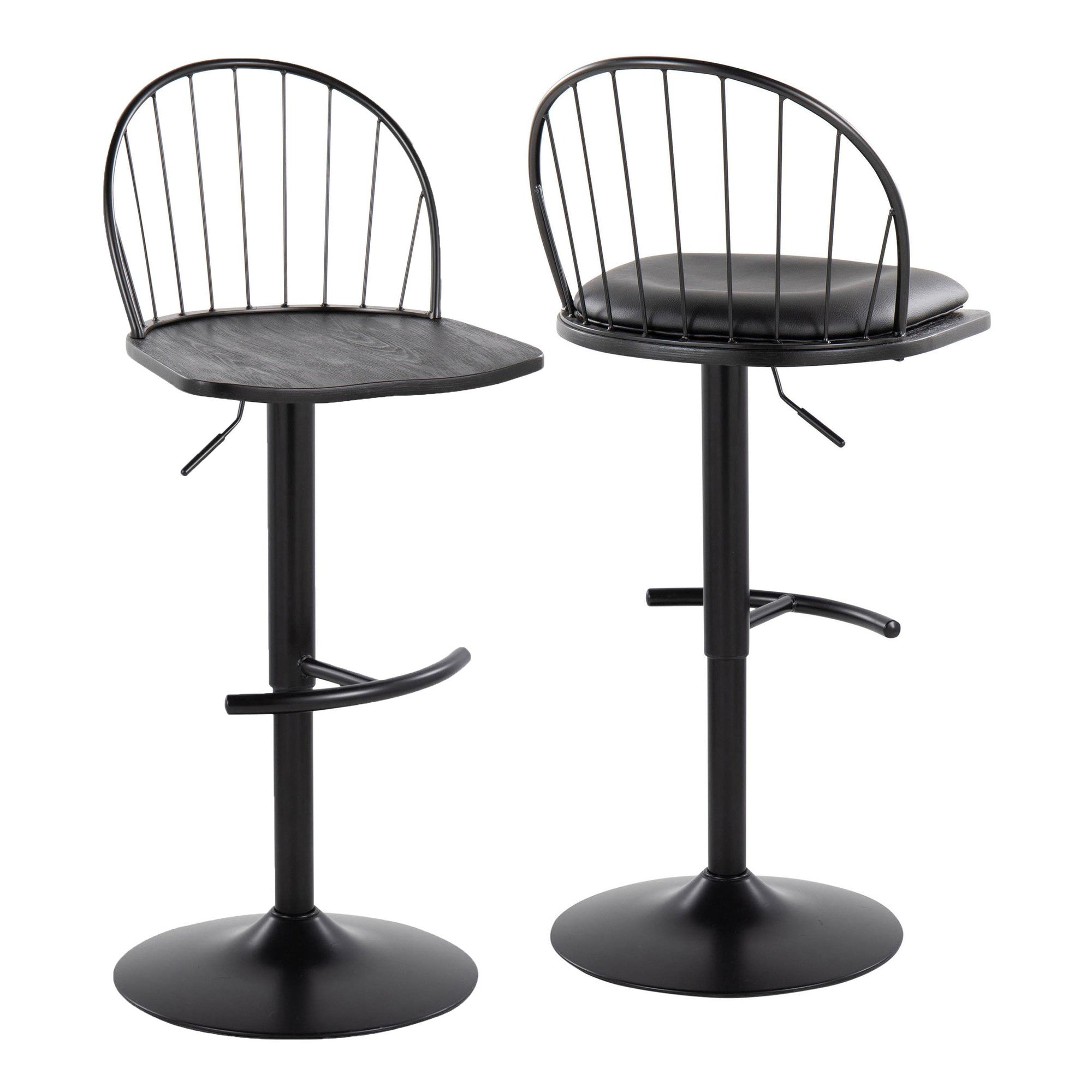 Riley Adjustable Barstool - Set of 2 - Black Metal, Black Wood, Black PU