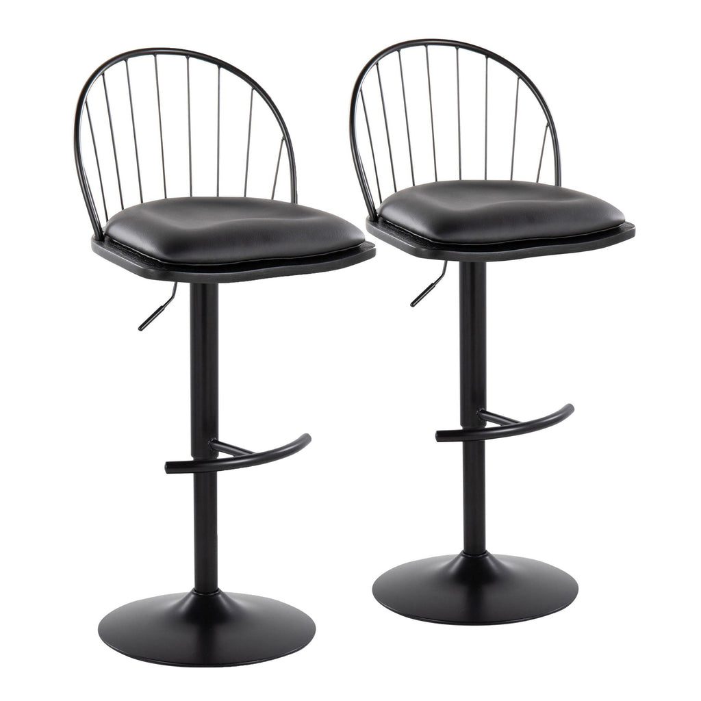 Riley Adjustable Barstool - Set of 2 - Black Metal, Black Wood, Black PU