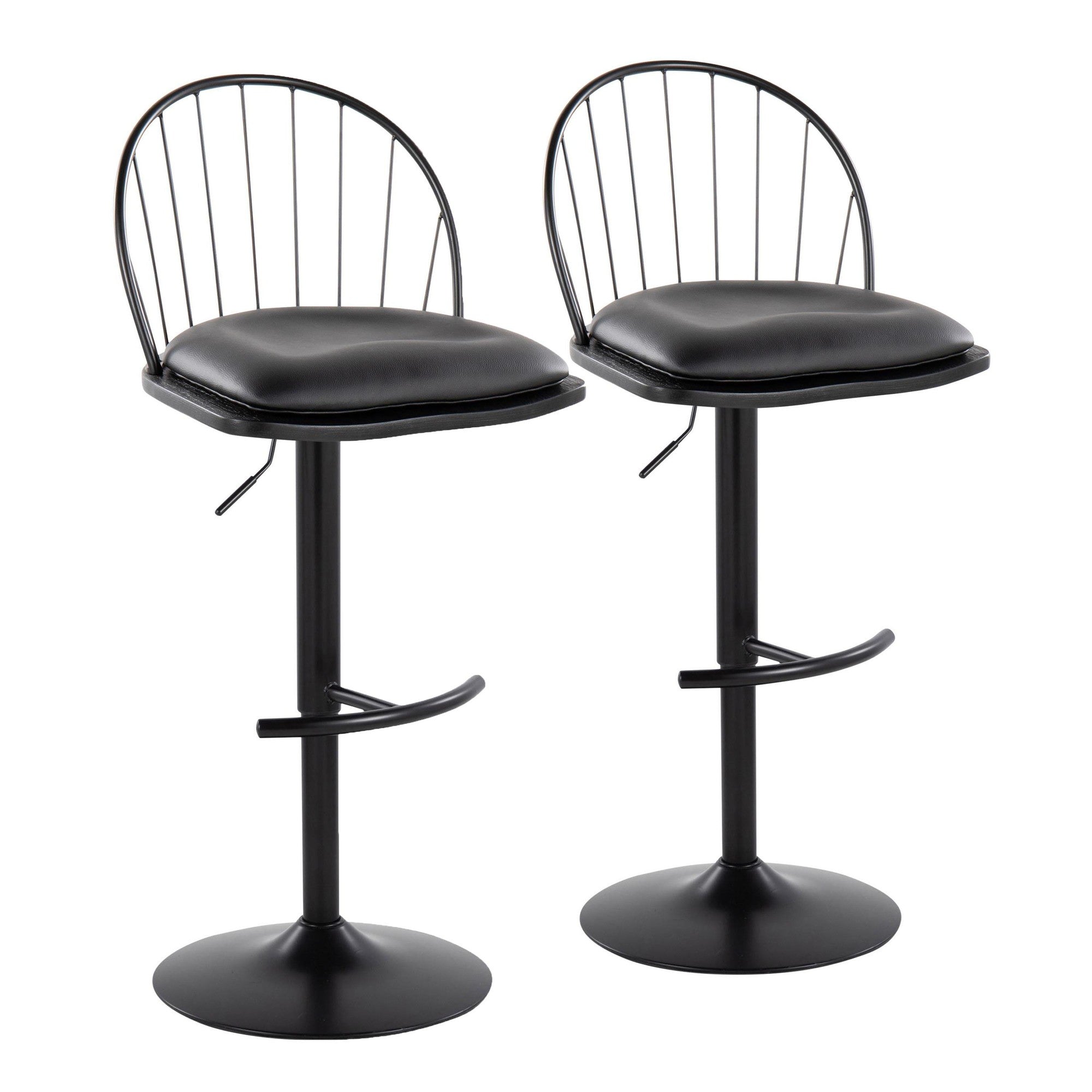 Riley Adjustable Barstool - Set of 2 - Black Metal, Black Wood, Black PU