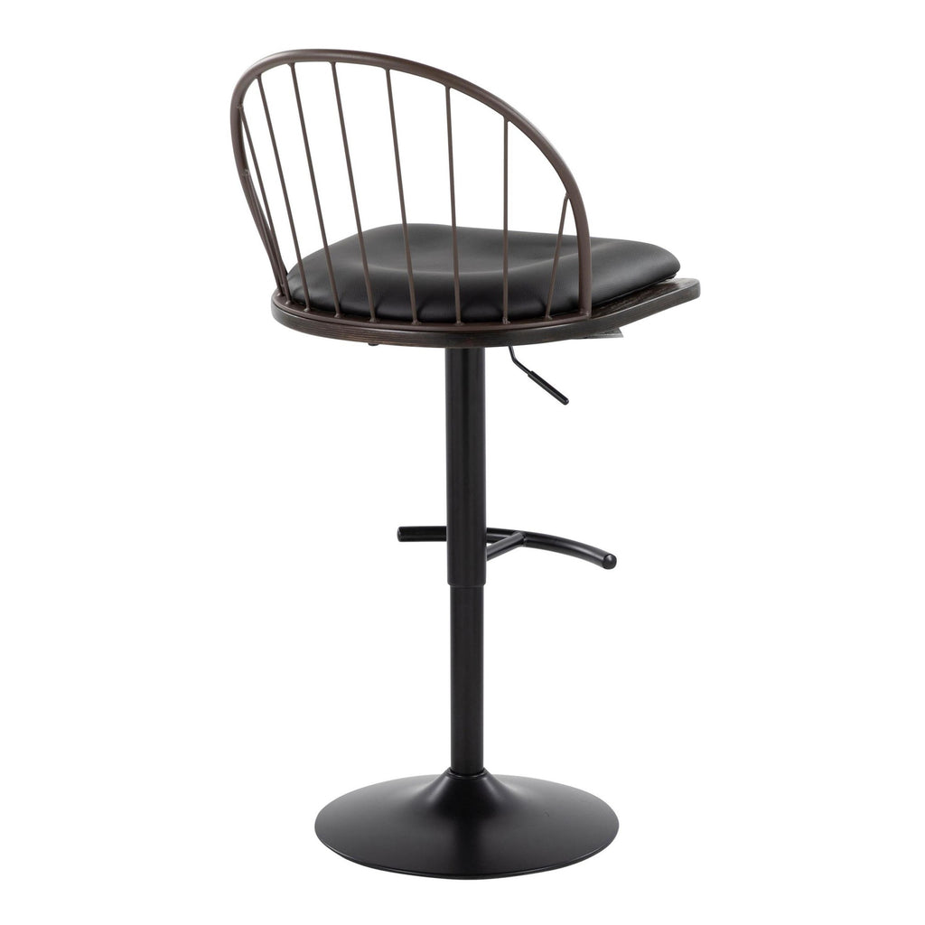 Riley Adjustable Barstool - Set of 2 - Black Metal, Bronze Metal, Dark Walnut Wood, Brown PU