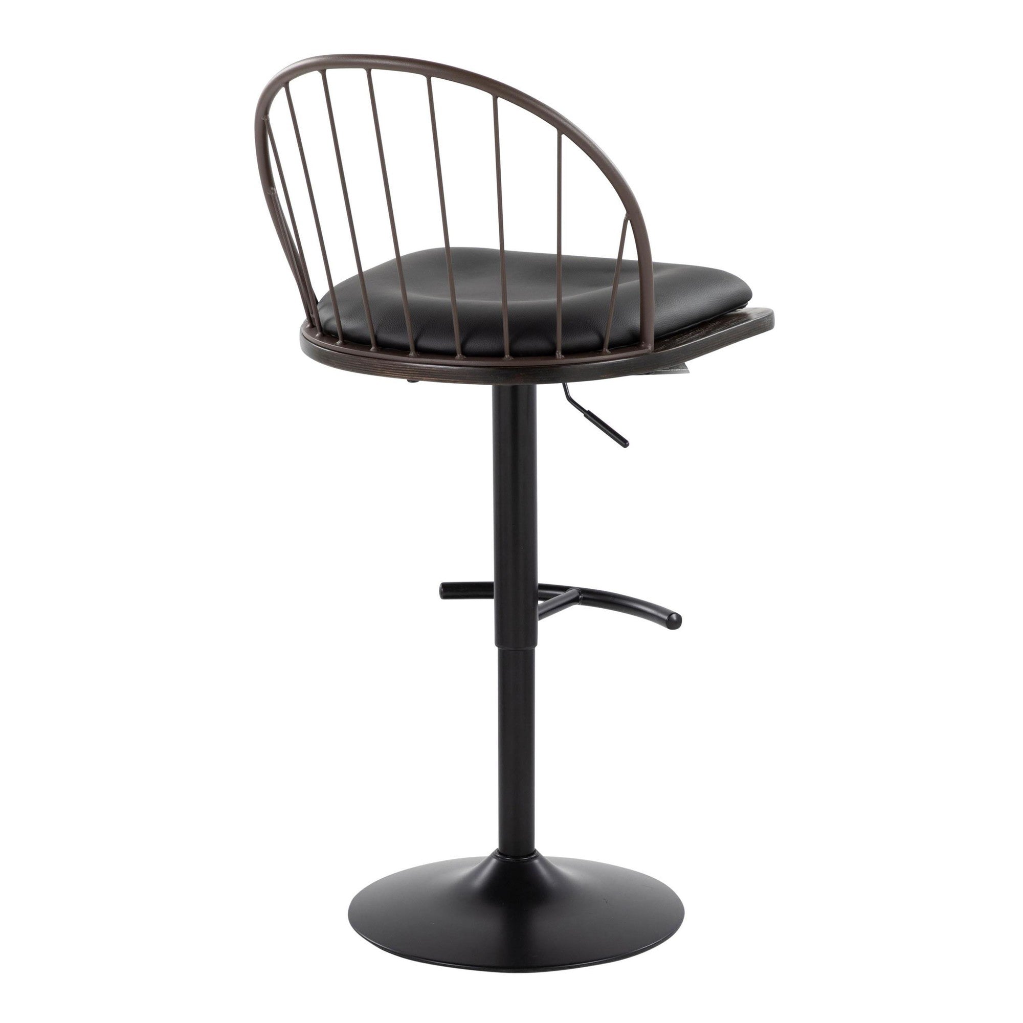 Riley Adjustable Barstool - Set of 2 - Black Metal, Bronze Metal, Dark Walnut Wood, Brown PU