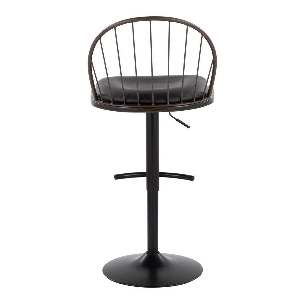 Riley Adjustable Barstool - Set of 2 - Black Metal, Bronze Metal, Dark Walnut Wood, Brown PU