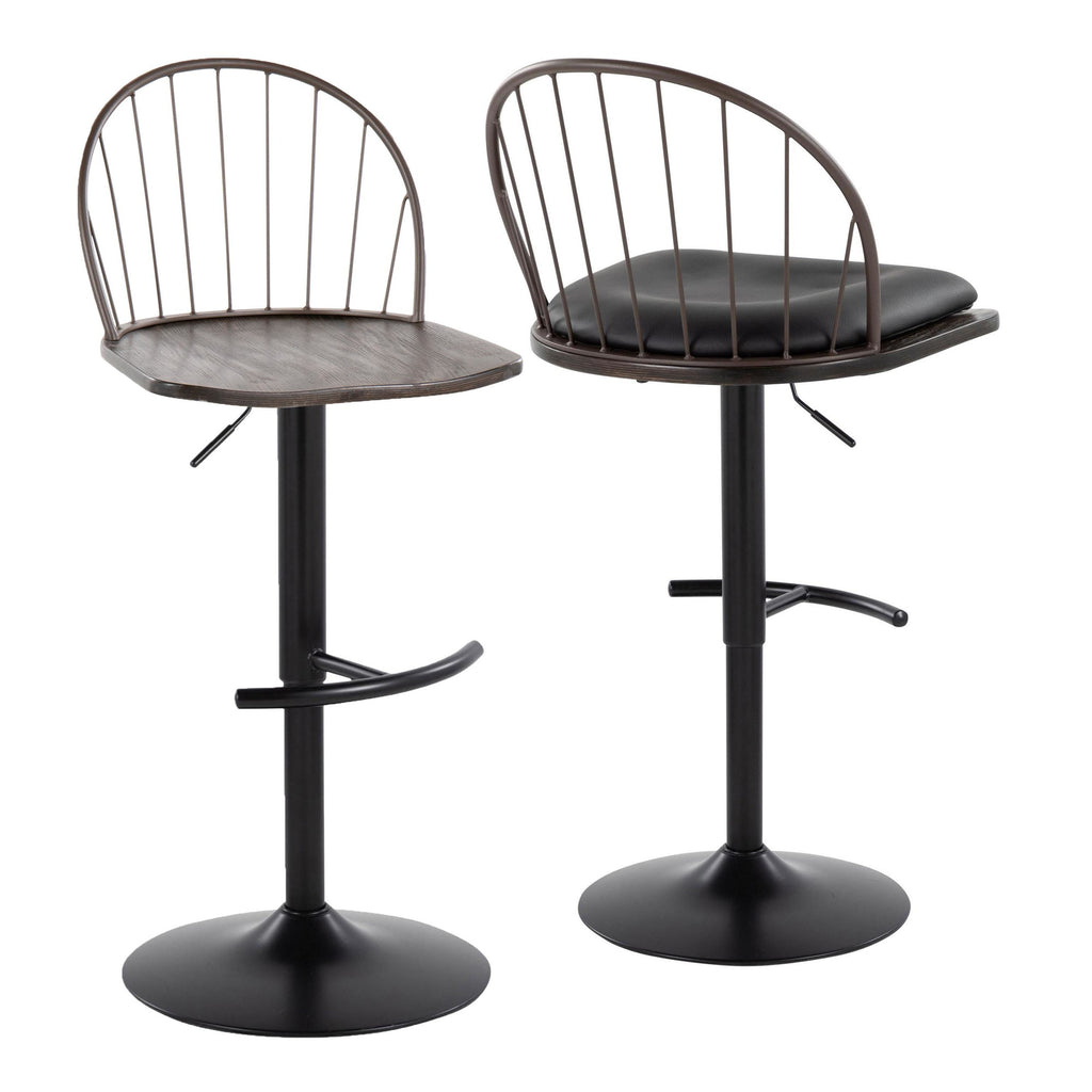 Riley Adjustable Barstool - Set of 2 - Black Metal, Bronze Metal, Dark Walnut Wood, Brown PU