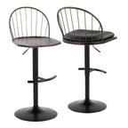 Riley Adjustable Barstool - Set of 2 - Black Metal, Bronze Metal, Dark Walnut Wood, Brown PU