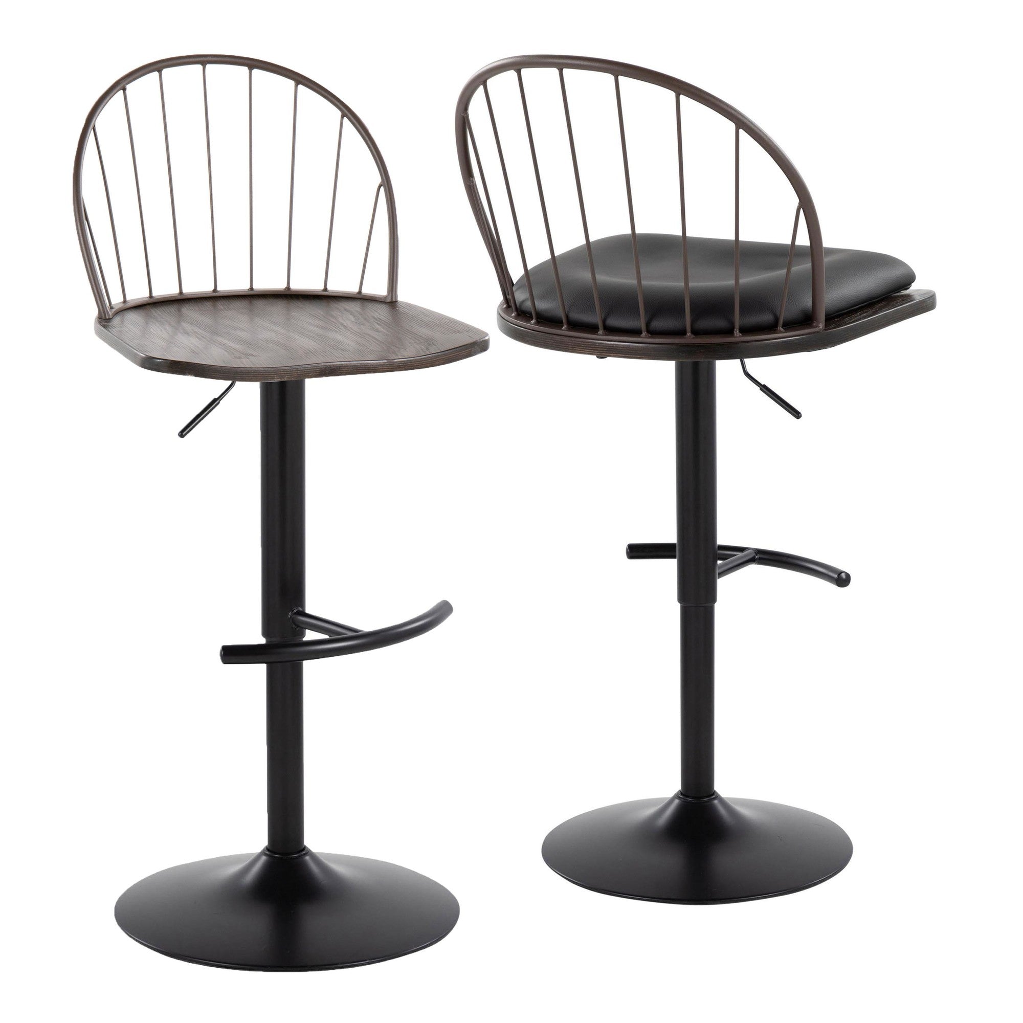 Riley Adjustable Barstool - Set of 2 - Black Metal, Bronze Metal, Dark Walnut Wood, Brown PU
