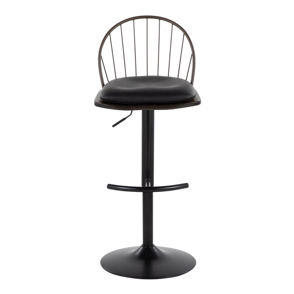 Riley Adjustable Barstool - Set of 2 - Black Metal, Bronze Metal, Dark Walnut Wood, Brown PU