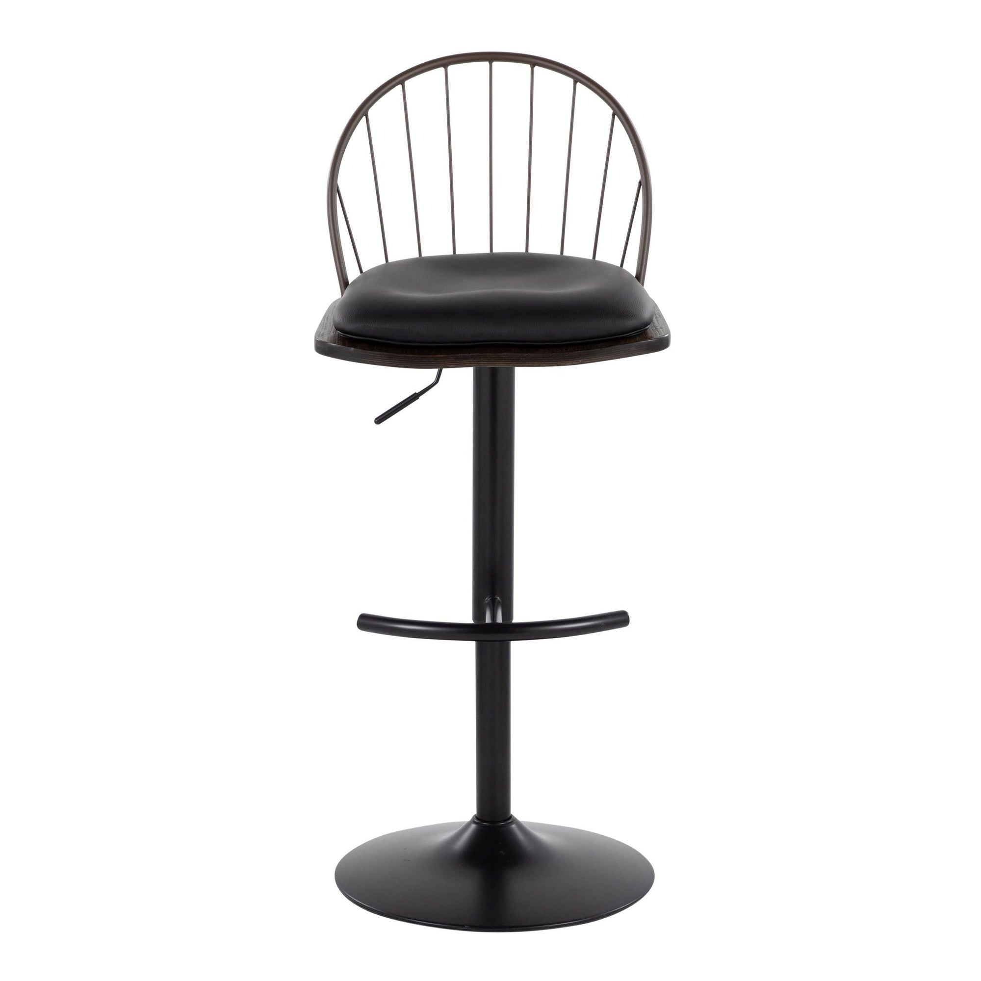 Riley Adjustable Barstool - Set of 2 - Black Metal, Bronze Metal, Dark Walnut Wood, Brown PU