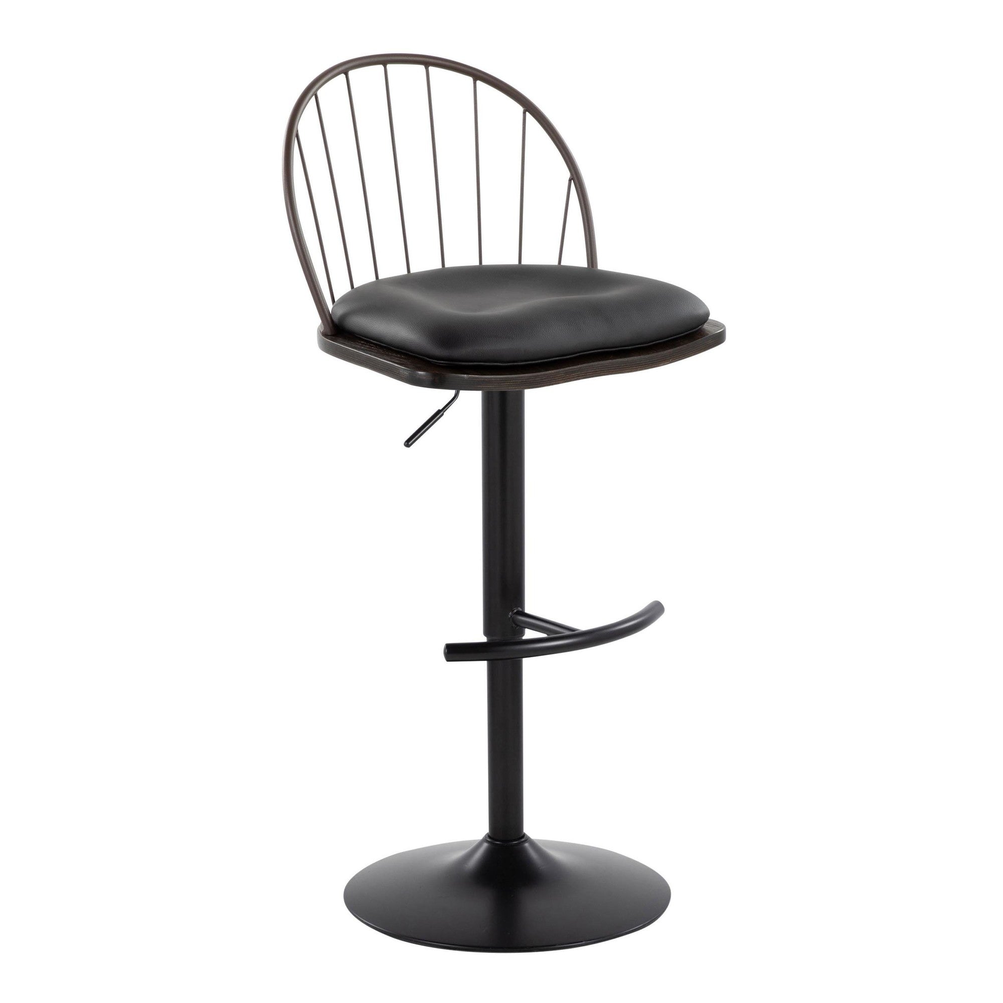 Riley Adjustable Barstool - Set of 2 - Black Metal, Bronze Metal, Dark Walnut Wood, Brown PU
