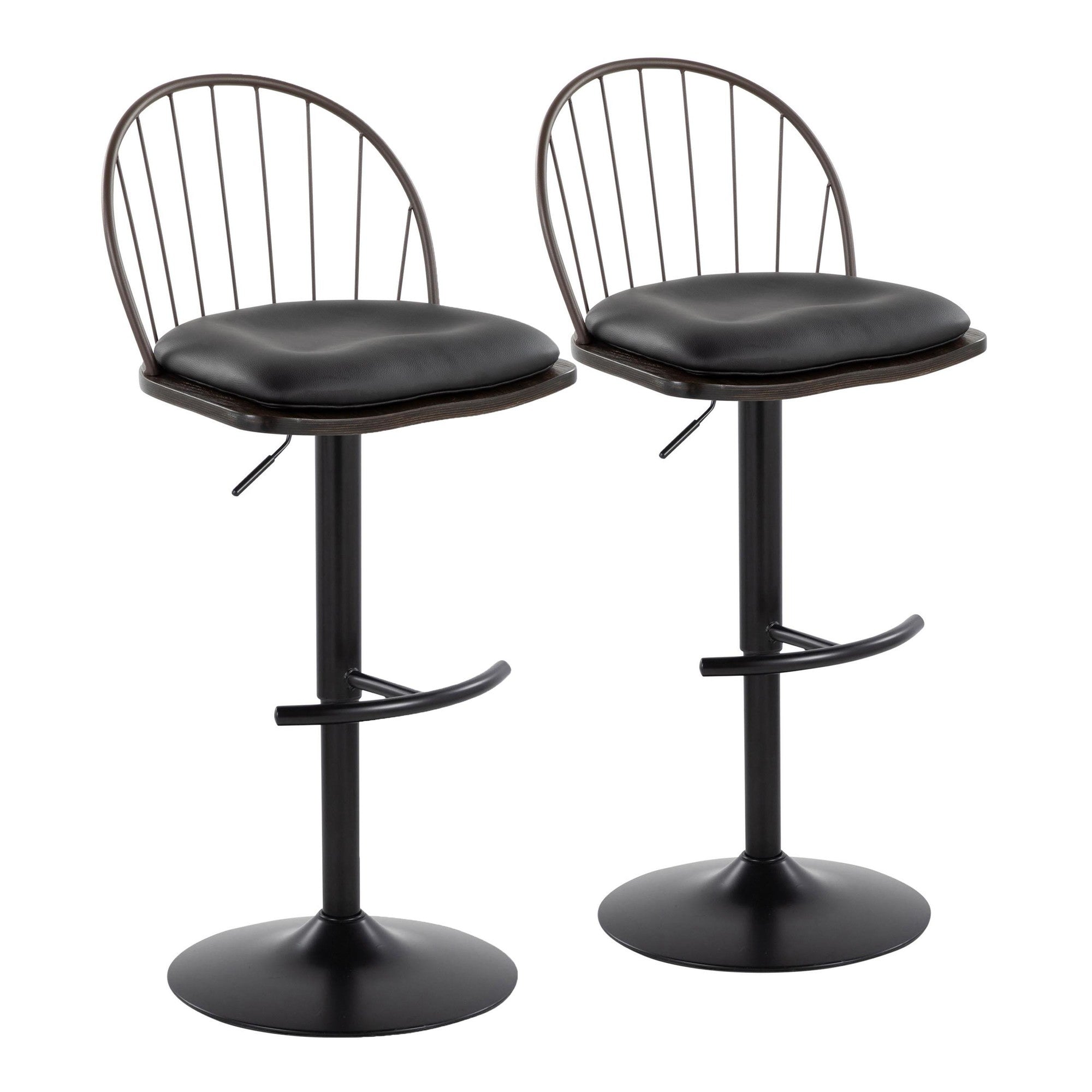 Riley Adjustable Barstool - Set of 2 - Black Metal, Bronze Metal, Dark Walnut Wood, Brown PU