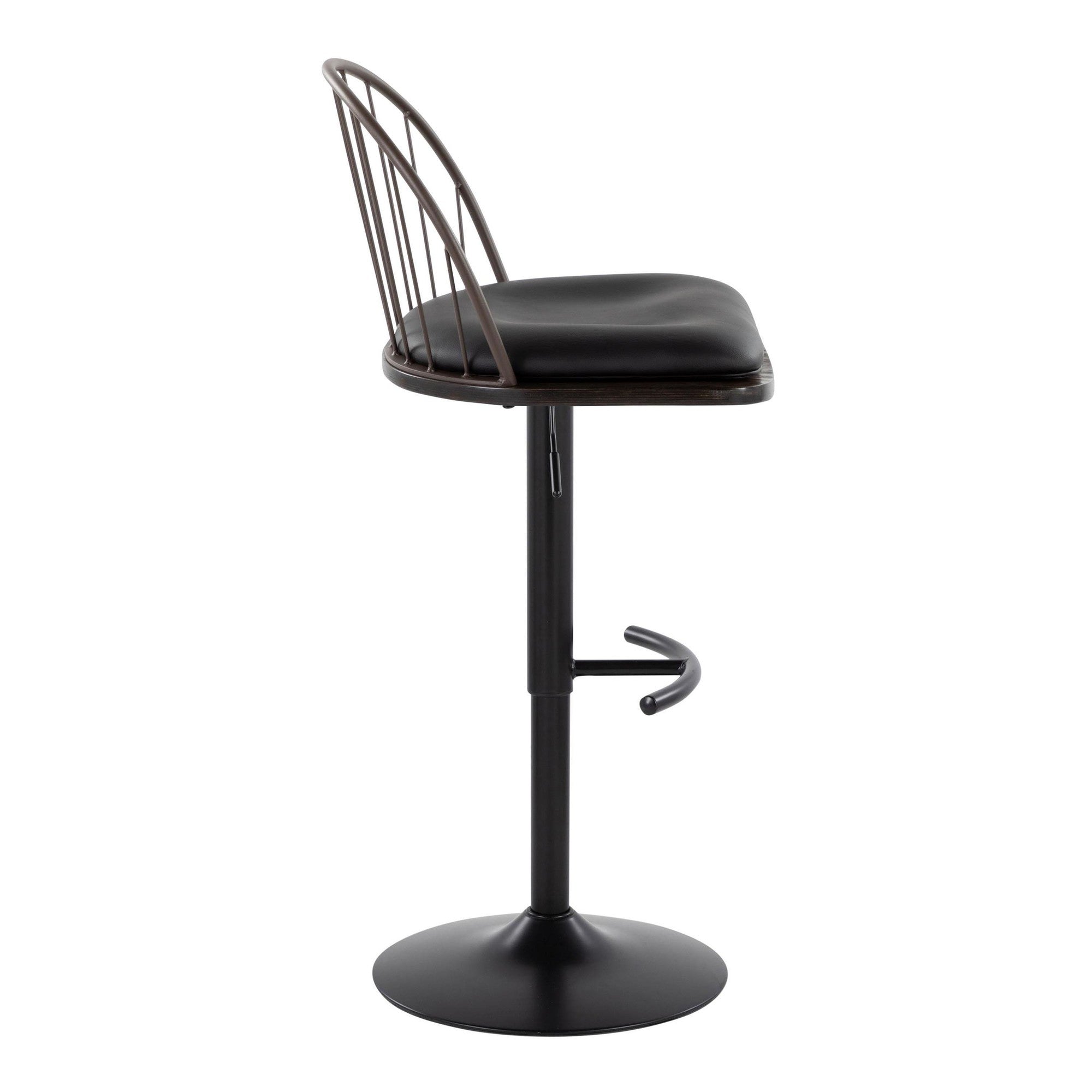 Riley Adjustable Barstool - Set of 2 - Black Metal, Bronze Metal, Dark Walnut Wood, Brown PU