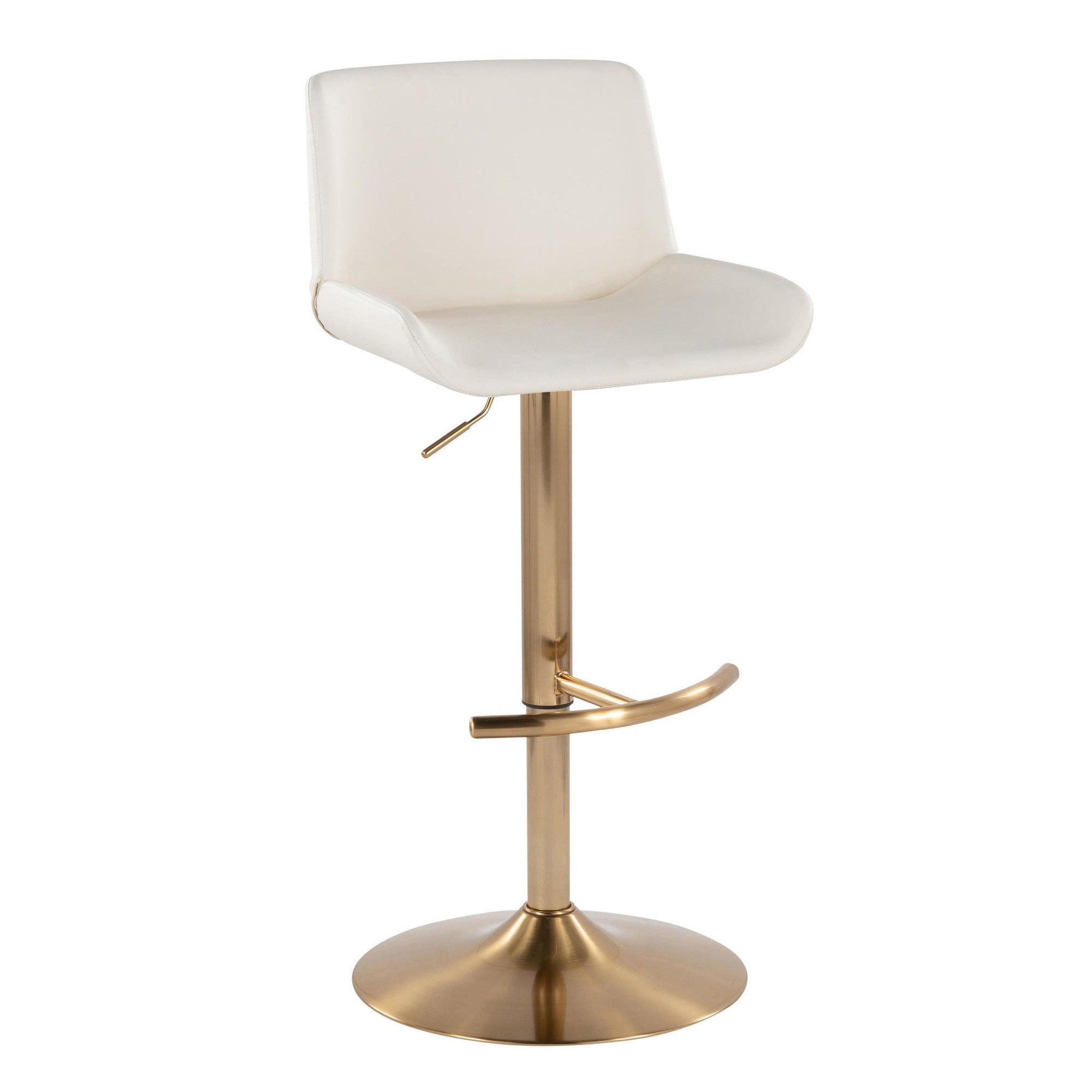 Santi Upholstered Adjustable Barstool - Set of 2 - Gold Metal, White PU