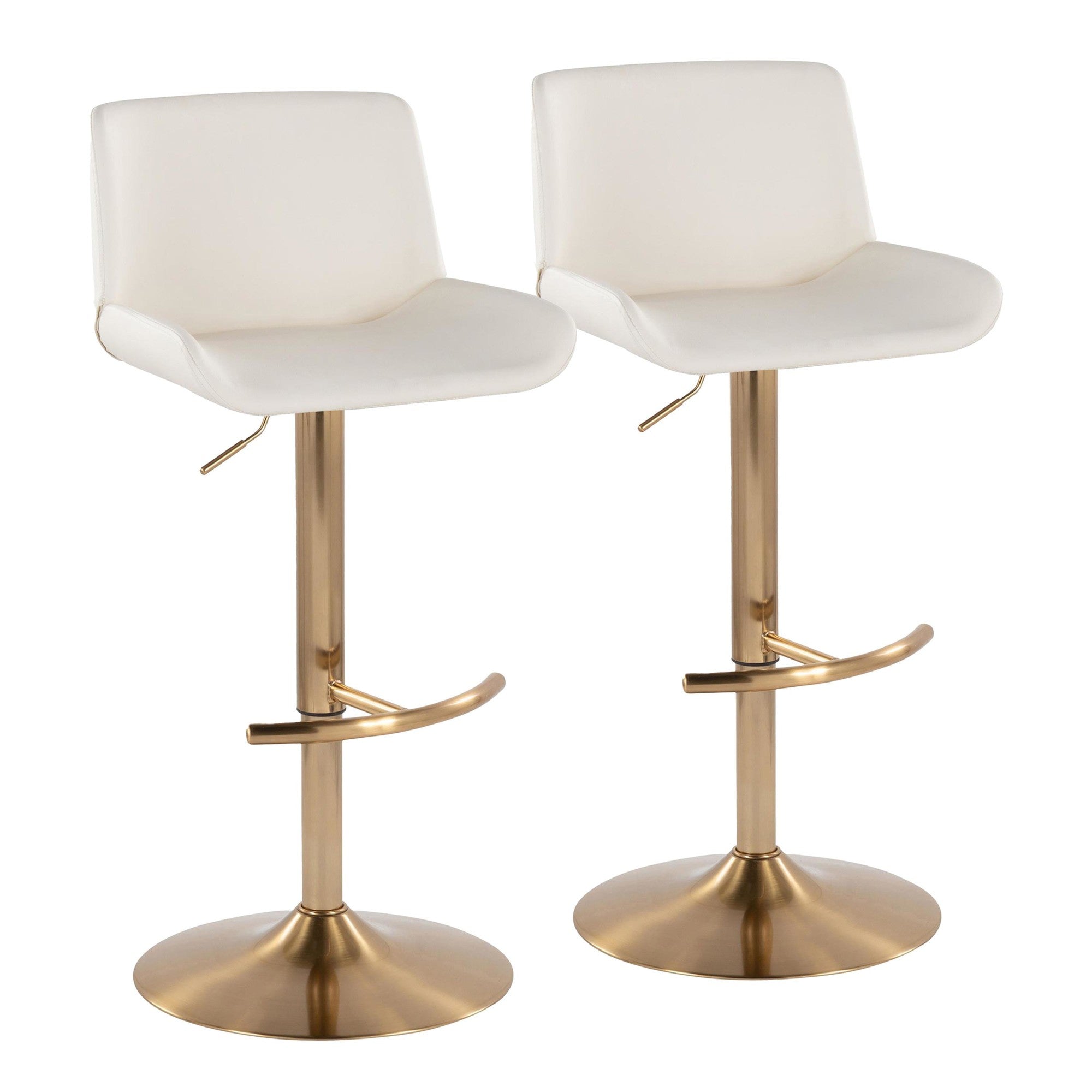 Santi Upholstered Adjustable Barstool - Set of 2 - Gold Metal, White PU