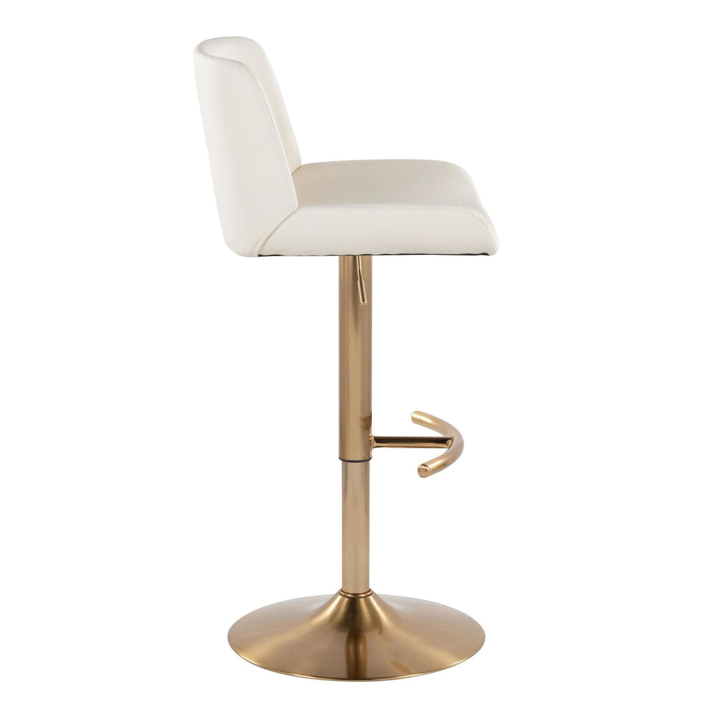 Santi Upholstered Adjustable Barstool - Set of 2 - Gold Metal, White PU