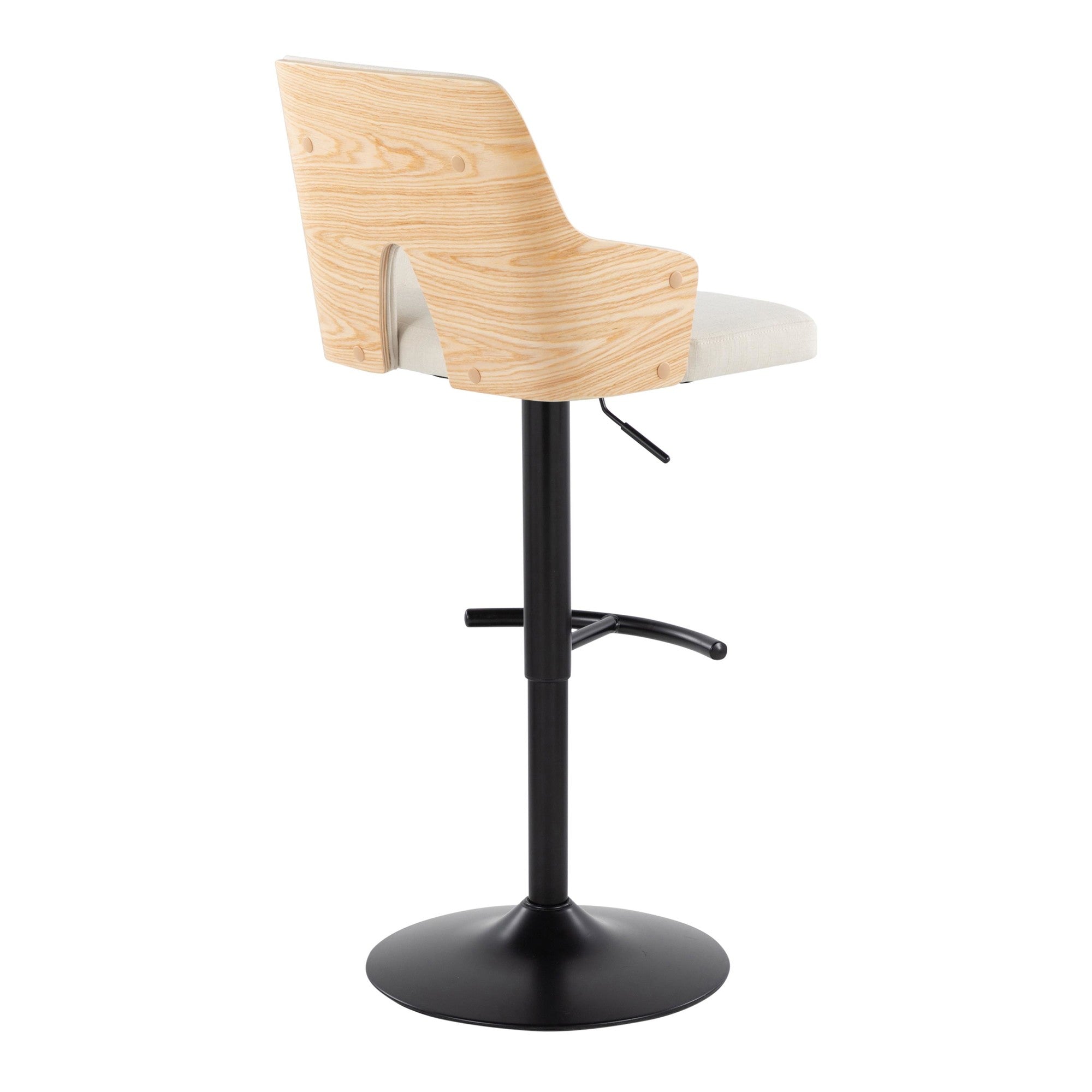 Stella Adjustable Barstool - Set of 2 - Black Metal, Natural Wood, Cream Fabric