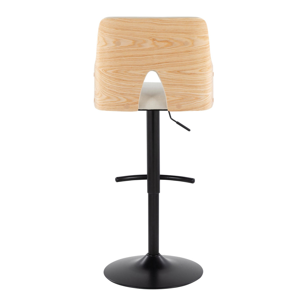 Stella Adjustable Barstool - Set of 2 - Black Metal, Natural Wood, Cream Fabric