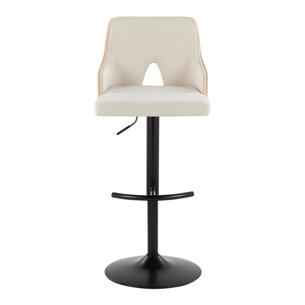 Stella Adjustable Barstool - Set of 2 - Black Metal, Natural Wood, Cream Fabric