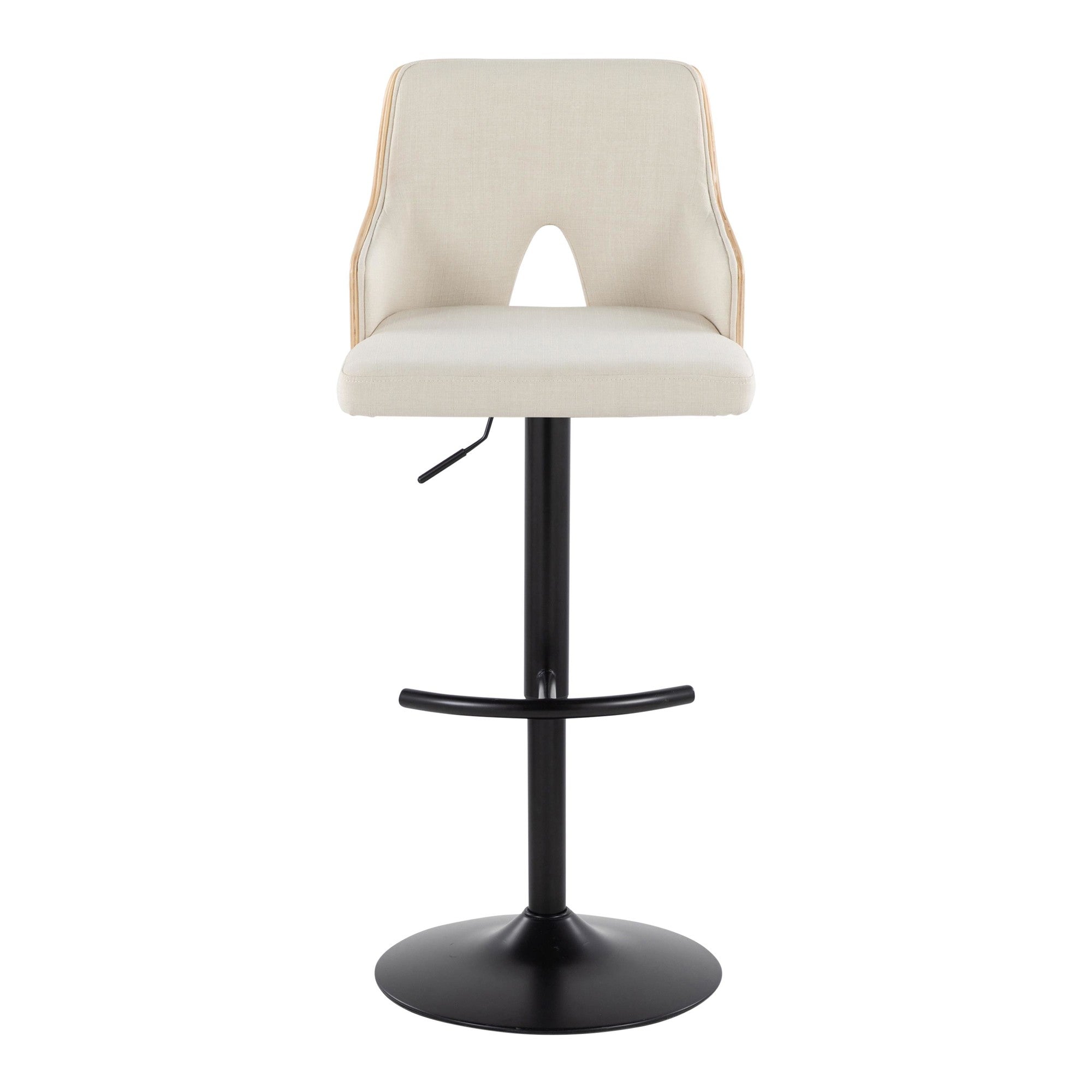 Stella Adjustable Barstool - Set of 2 - Black Metal, Natural Wood, Cream Fabric