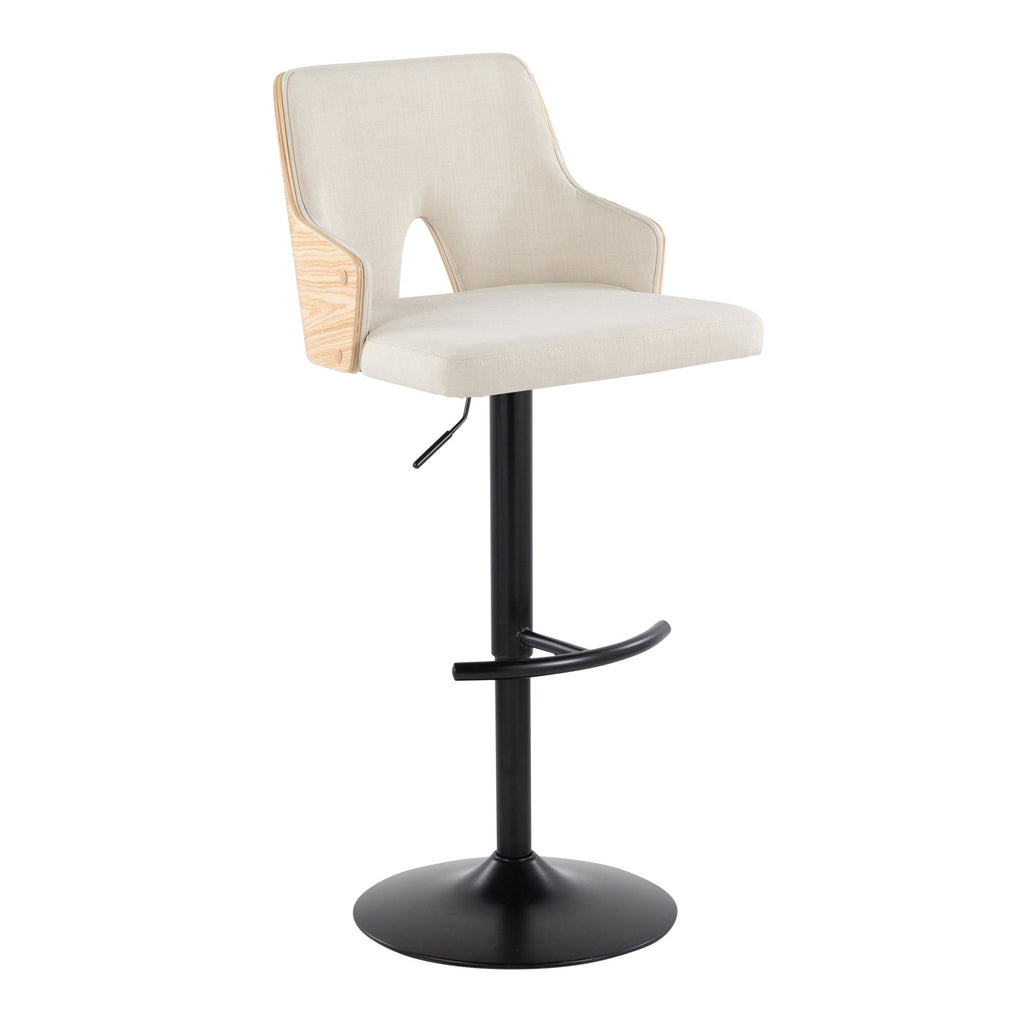 Stella Adjustable Barstool - Set of 2 - Black Metal, Natural Wood, Cream Fabric