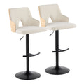 Stella Adjustable Barstool - Set of 2 - Black Metal, Natural Wood, Cream Fabric