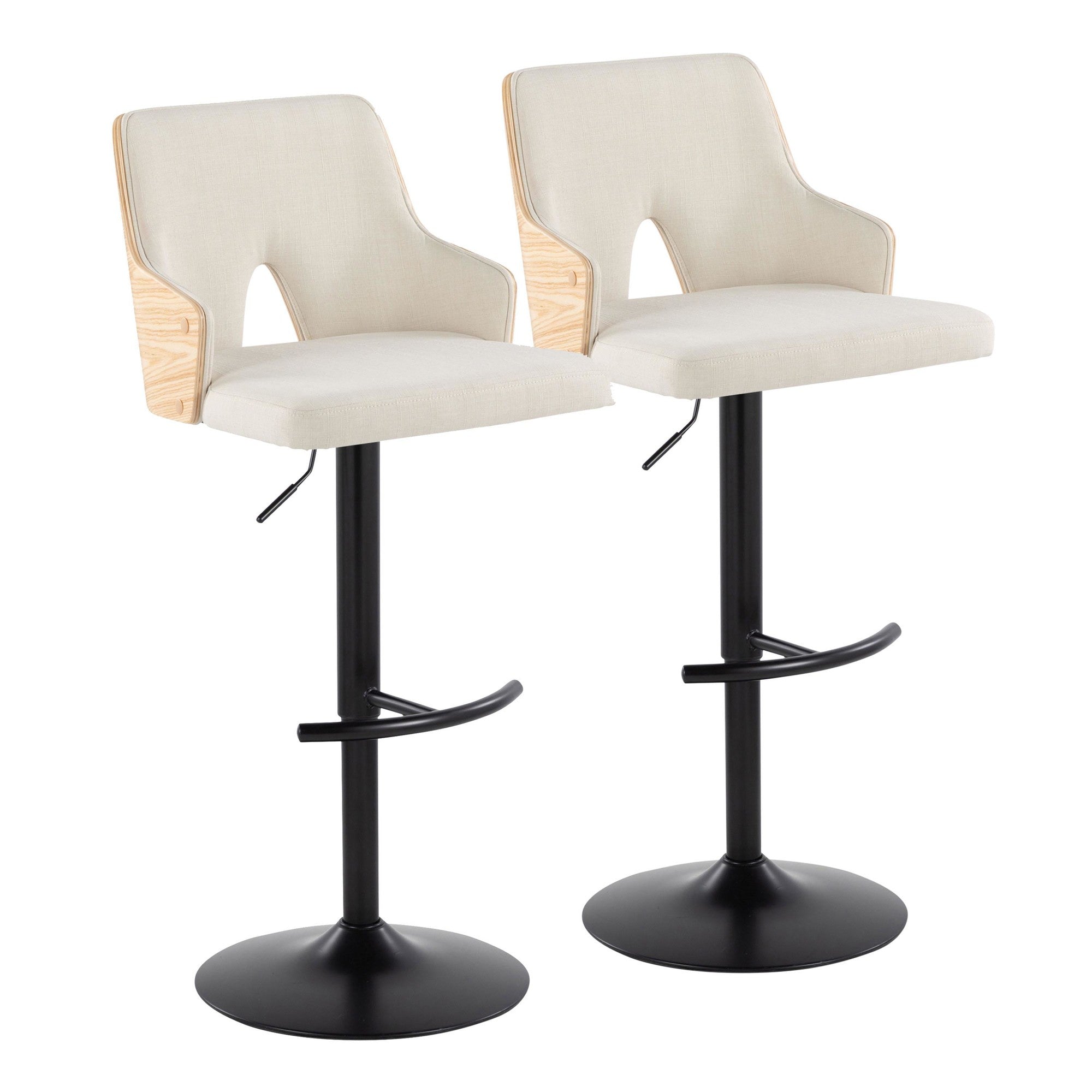 Stella Adjustable Barstool - Set of 2 - Black Metal, Natural Wood, Cream Fabric