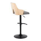 Stella Adjustable Barstool - Set of 2 - Black Metal, Natural Wood, Light Grey Fabric