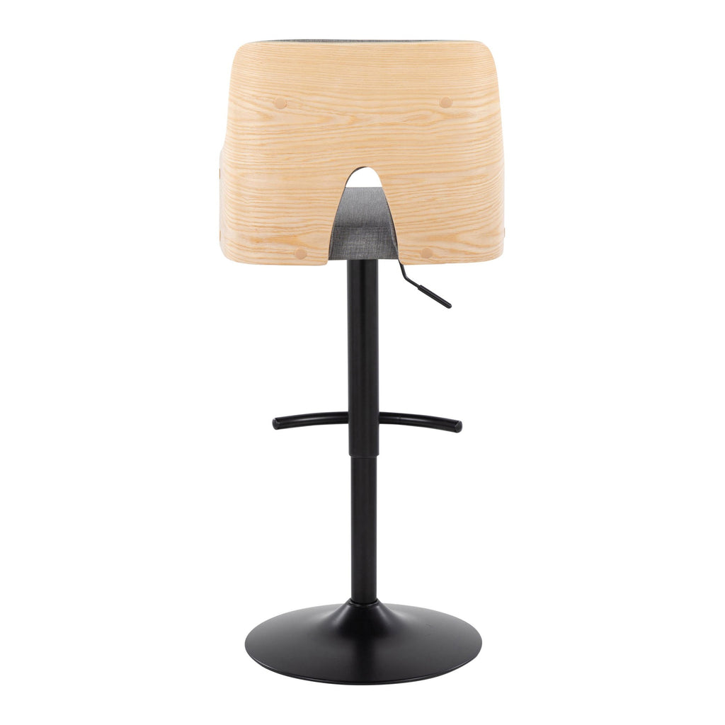 Stella Adjustable Barstool - Set of 2 - Black Metal, Natural Wood, Light Grey Fabric
