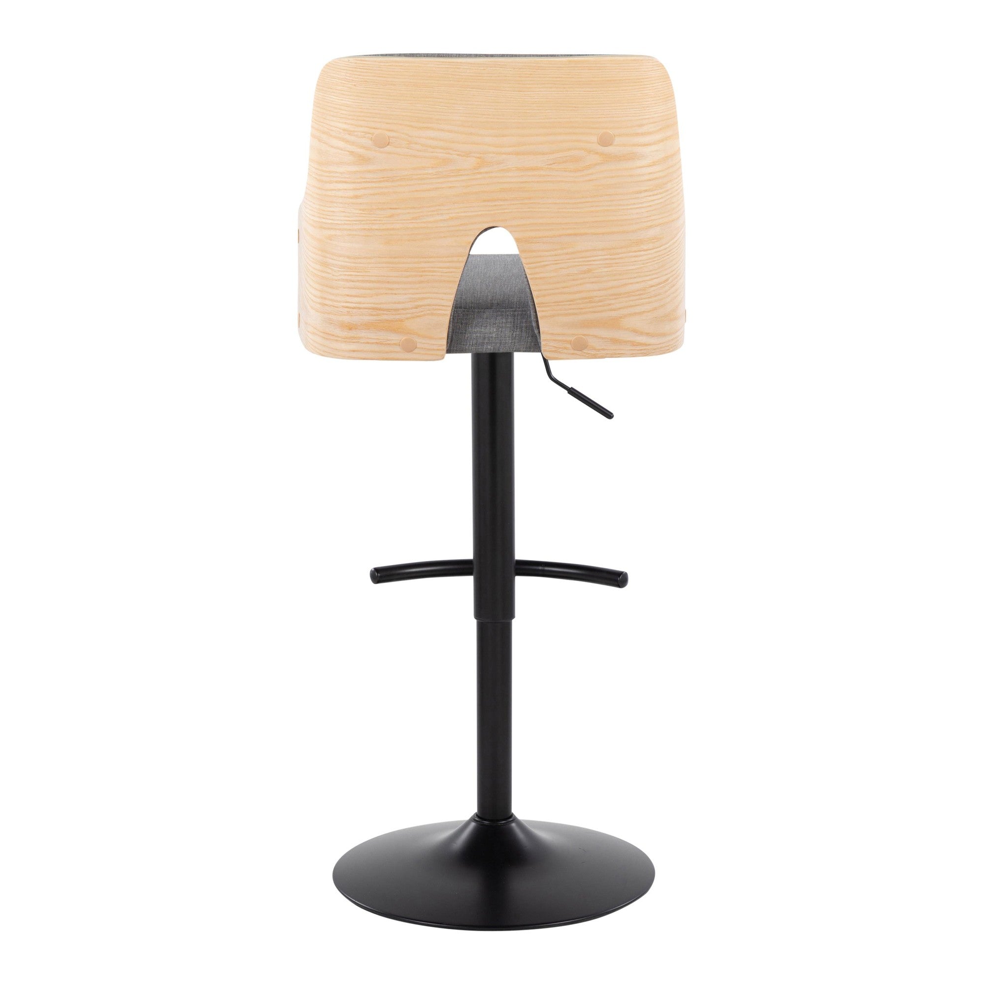 Stella Adjustable Barstool - Set of 2 - Black Metal, Natural Wood, Light Grey Fabric