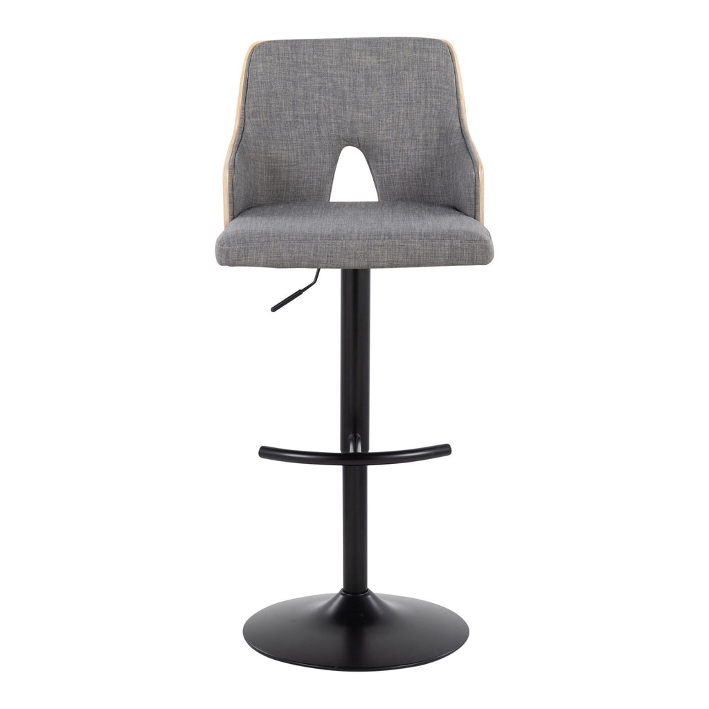 Stella Adjustable Barstool - Set of 2 - Black Metal, Natural Wood, Light Grey Fabric