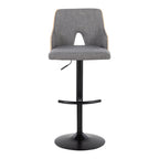 Stella Adjustable Barstool - Set of 2 - Black Metal, Natural Wood, Light Grey Fabric