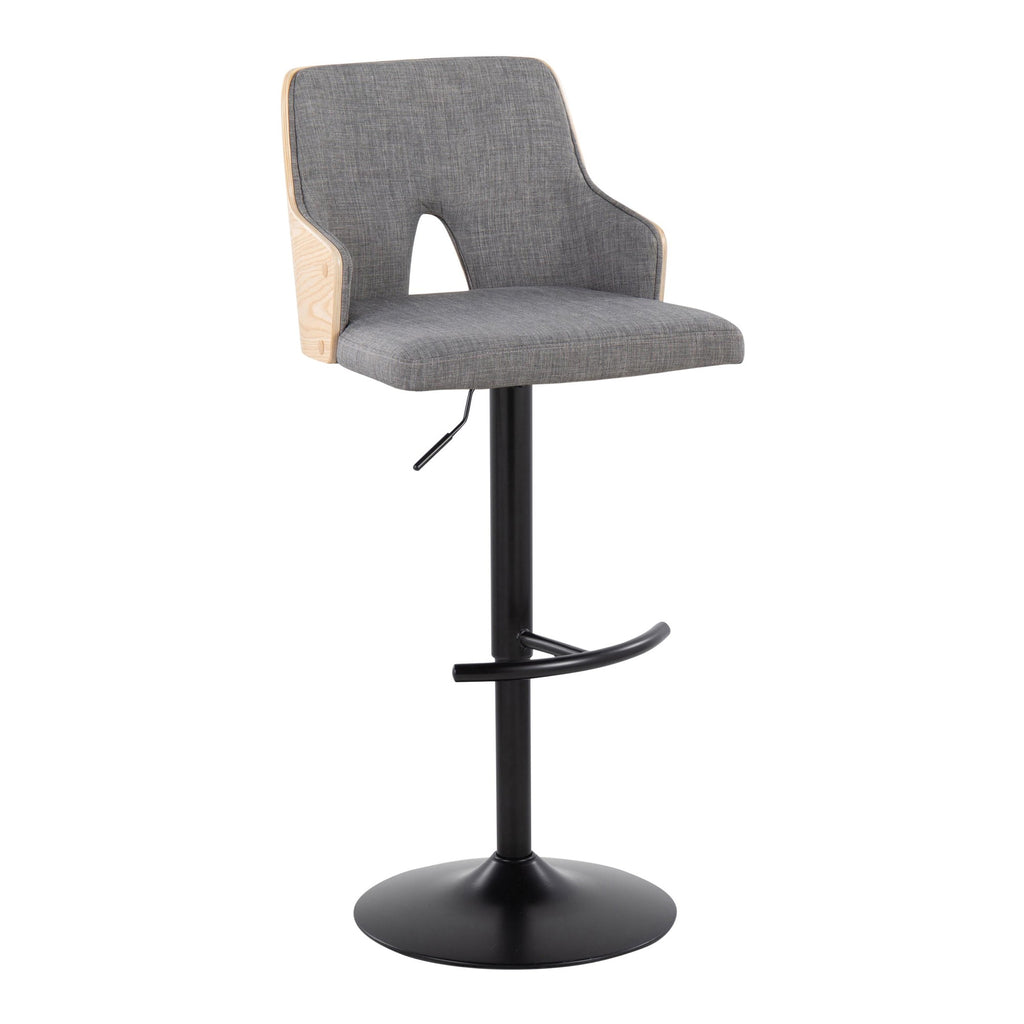 Stella Adjustable Barstool - Set of 2 - Black Metal, Natural Wood, Light Grey Fabric