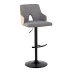 Stella Adjustable Barstool - Set of 2 - Black Metal, Natural Wood, Light Grey Fabric