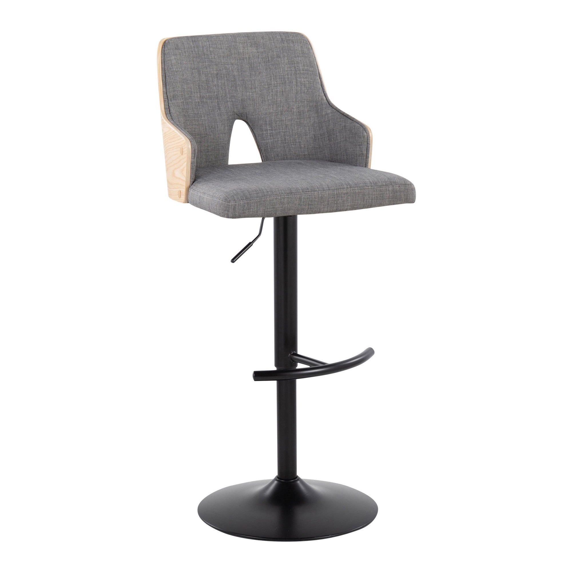 Stella Adjustable Barstool - Set of 2 - Black Metal, Natural Wood, Light Grey Fabric