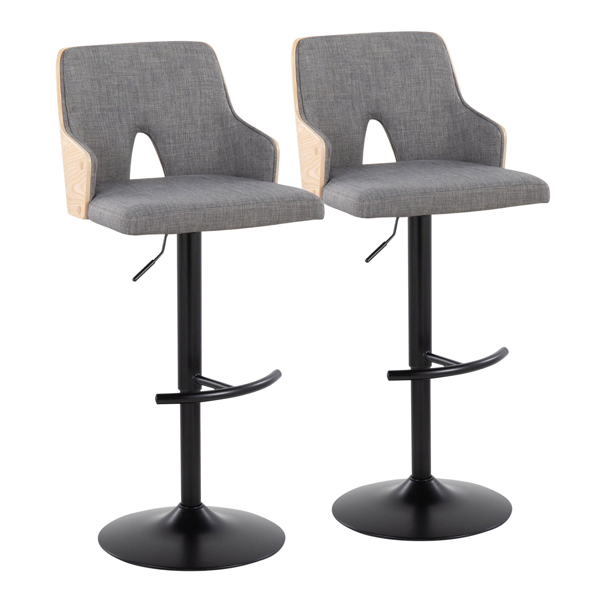 Stella Adjustable Barstool - Set of 2 - Black Metal, Natural Wood, Light Grey Fabric