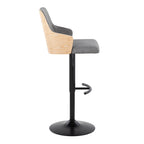 Stella Adjustable Barstool - Set of 2 - Black Metal, Natural Wood, Light Grey Fabric