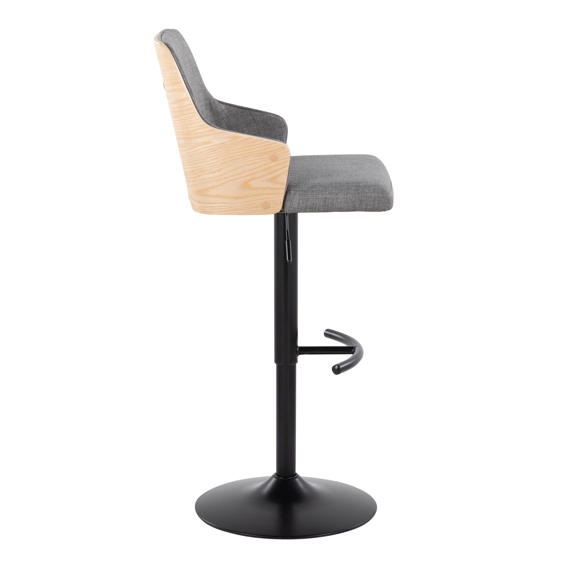 Stella Adjustable Barstool - Set of 2 - Black Metal, Natural Wood, Light Grey Fabric