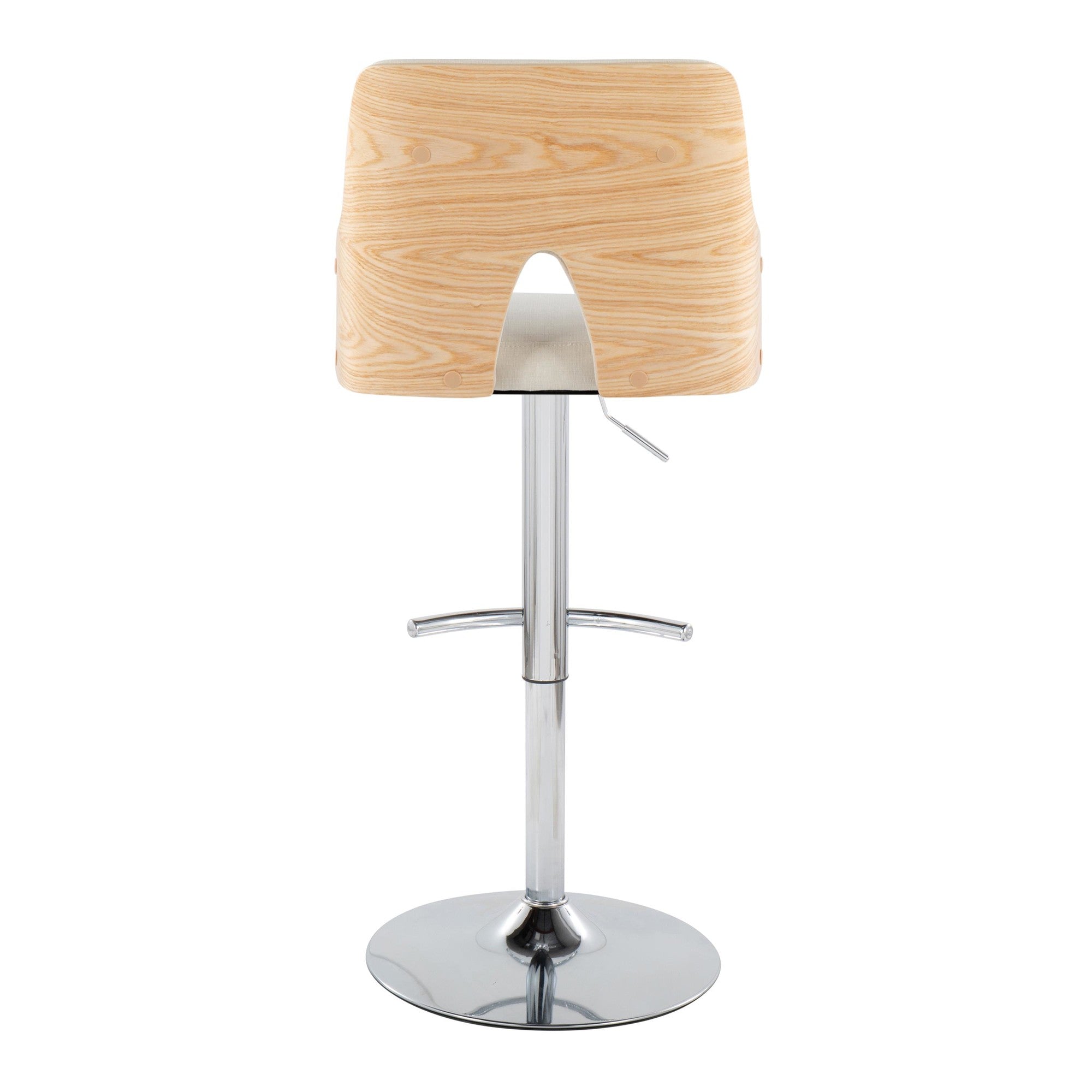 Stella Adjustable Barstool - Set of 2 - Chrome Metal, Natural Wood, Cream Fabric