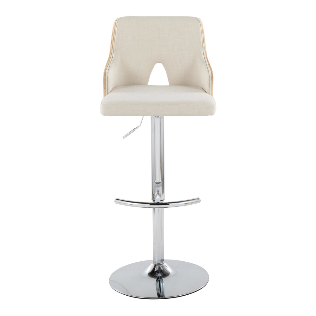 Stella Adjustable Barstool - Set of 2 - Chrome Metal, Natural Wood, Cream Fabric