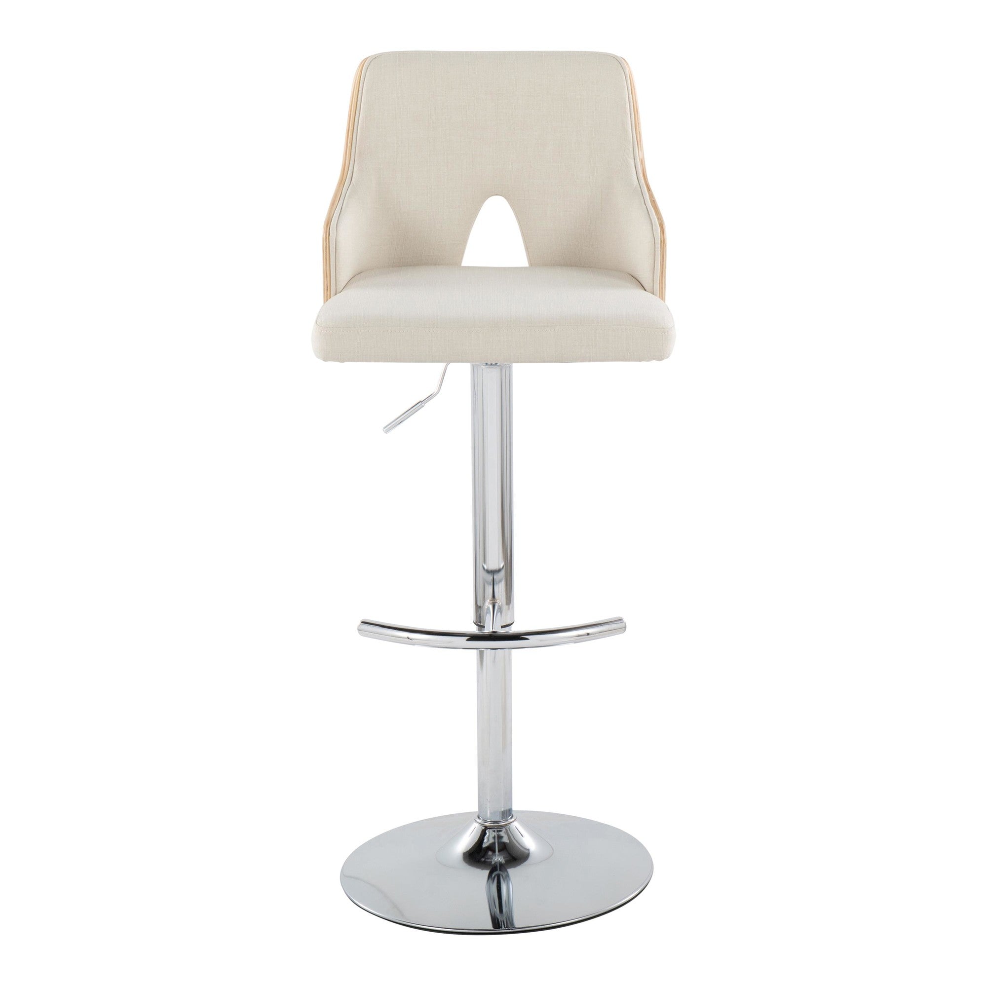 Stella Adjustable Barstool - Set of 2 - Chrome Metal, Natural Wood, Cream Fabric