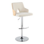 Stella Adjustable Barstool - Set of 2 - Chrome Metal, Natural Wood, Cream Fabric