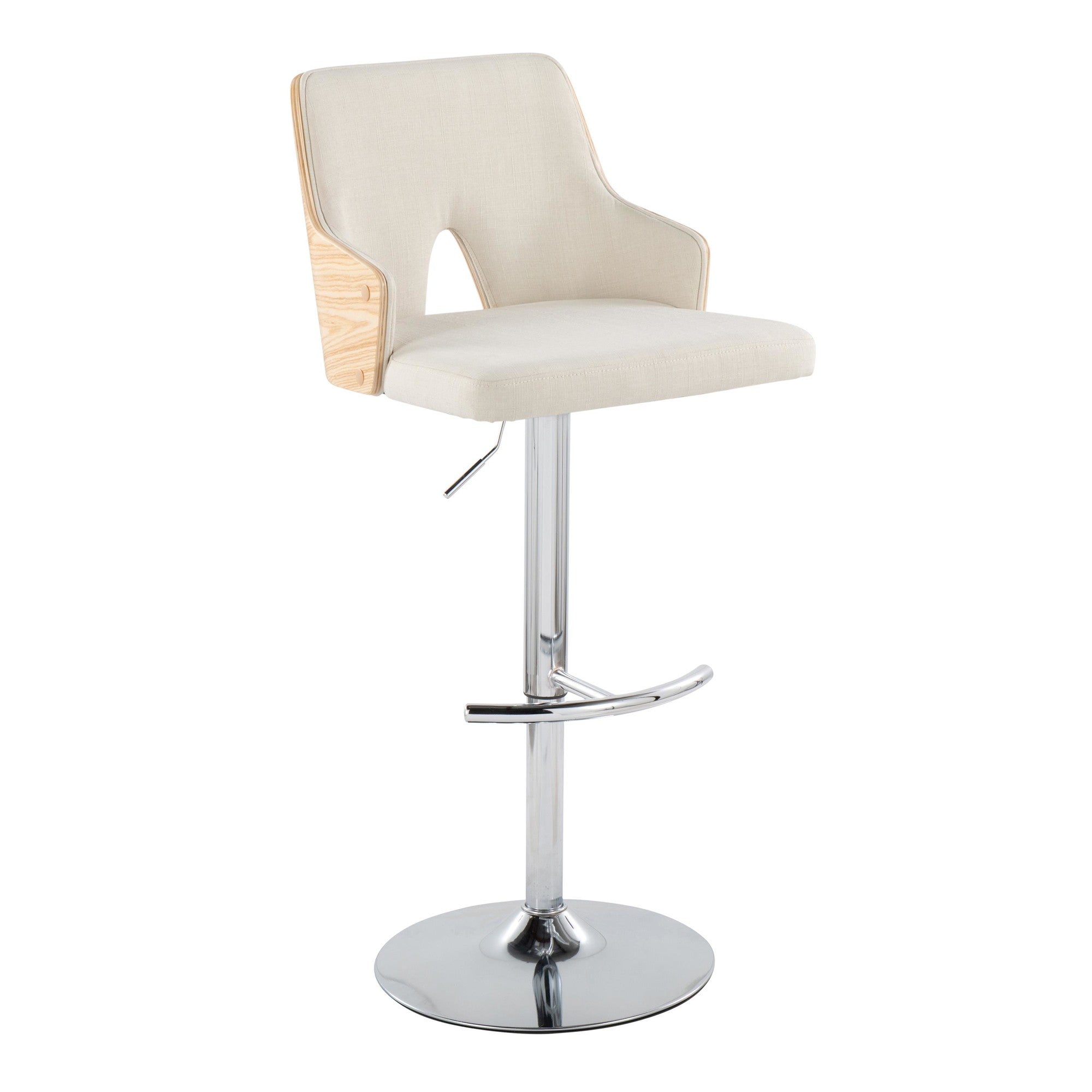 Stella Adjustable Barstool - Set of 2 - Chrome Metal, Natural Wood, Cream Fabric
