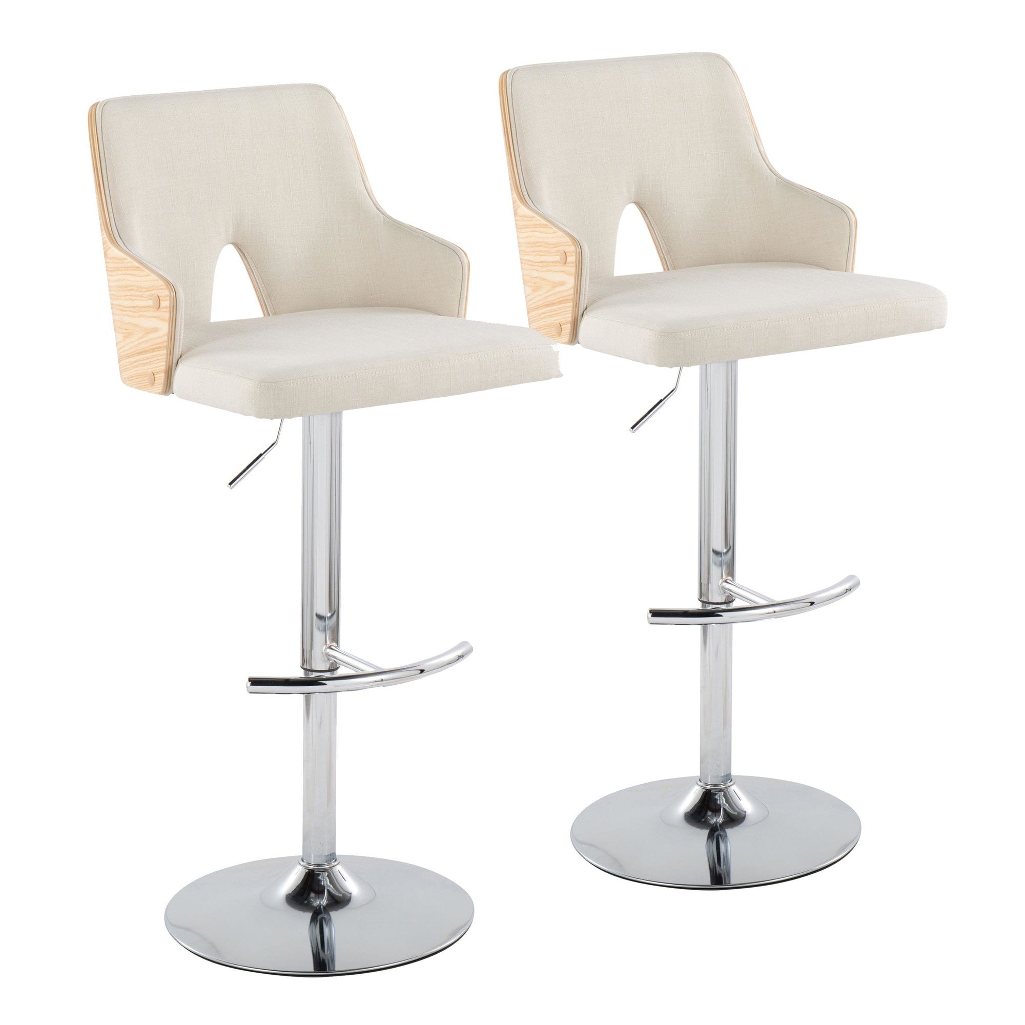 Stella Adjustable Barstool - Set of 2 - Chrome Metal, Natural Wood, Cream Fabric